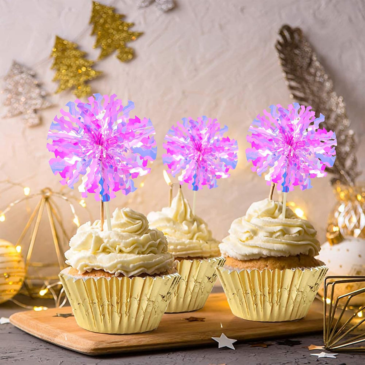 Ephlyn 30Pcs Foil Firework Cupcake Toppers Happy Birthday Cake Toppers Tinsel Flower Drink Stirrers