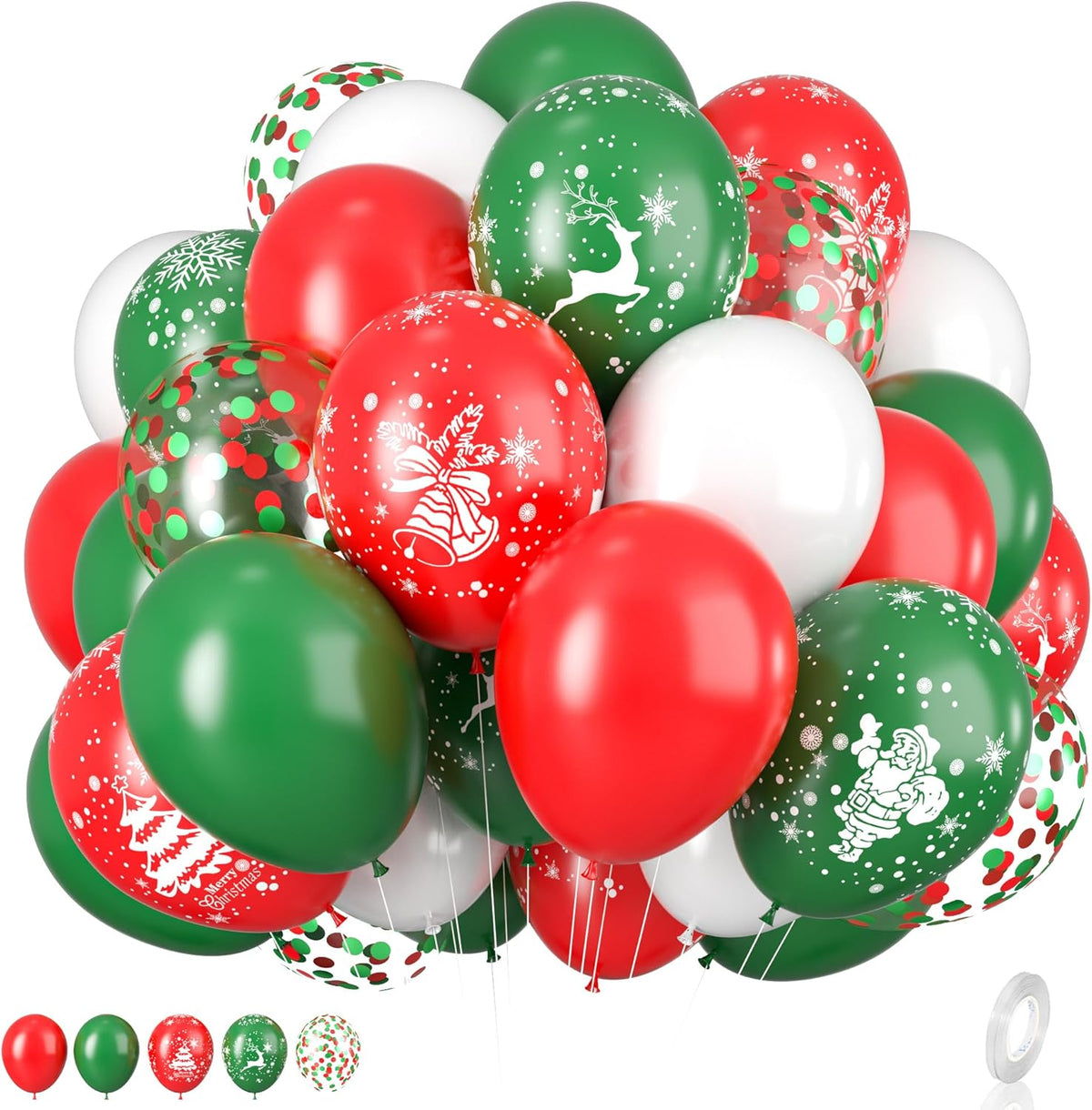 Christmas Balloons, 12 Inch Green Red White Xmax Balloons with Deer Christmas Tree Printed Balloons