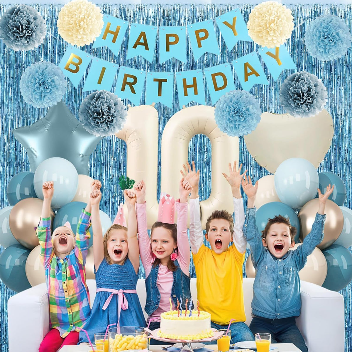 Dusty Blue 10th Birthday Party Decorations Boys Girls Beige Cream Number 10 Balloon with Blue Gold