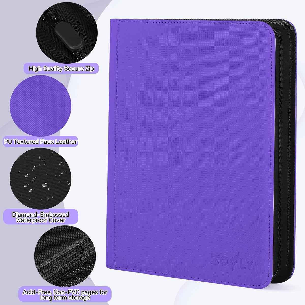 Trading Card Binder 9 Pocket, Zofly Zipper Card Collection Binder Album, Sturdy 540 Side-Loading