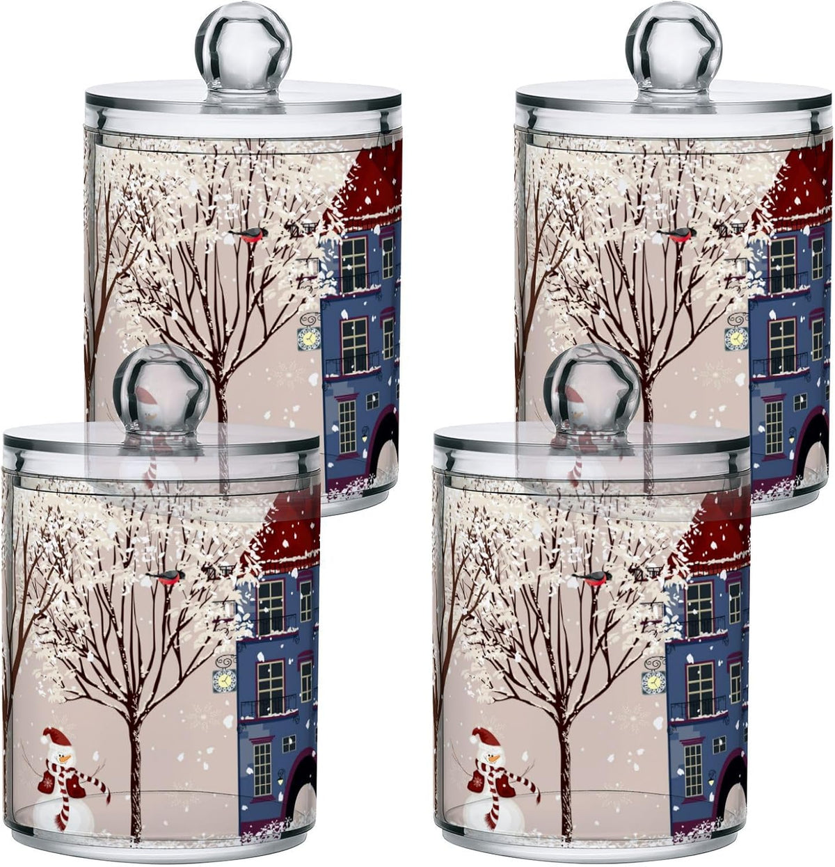Christmas Winter Qtip Holder Dispenser 4 Pack Snowmen Snow Courtyard with Trees Apothecary Jars