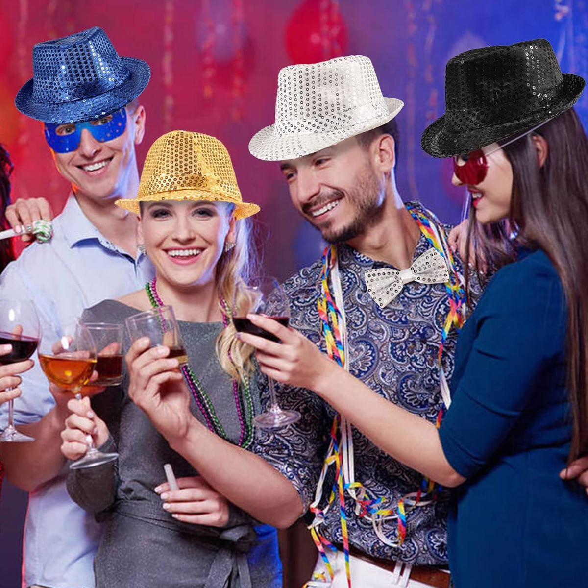 10 Pcs Unisex Sequin Fedora Hat Sequin Bow Ties Set Bling Retro Dance Jazz Cap Funky Party Costume