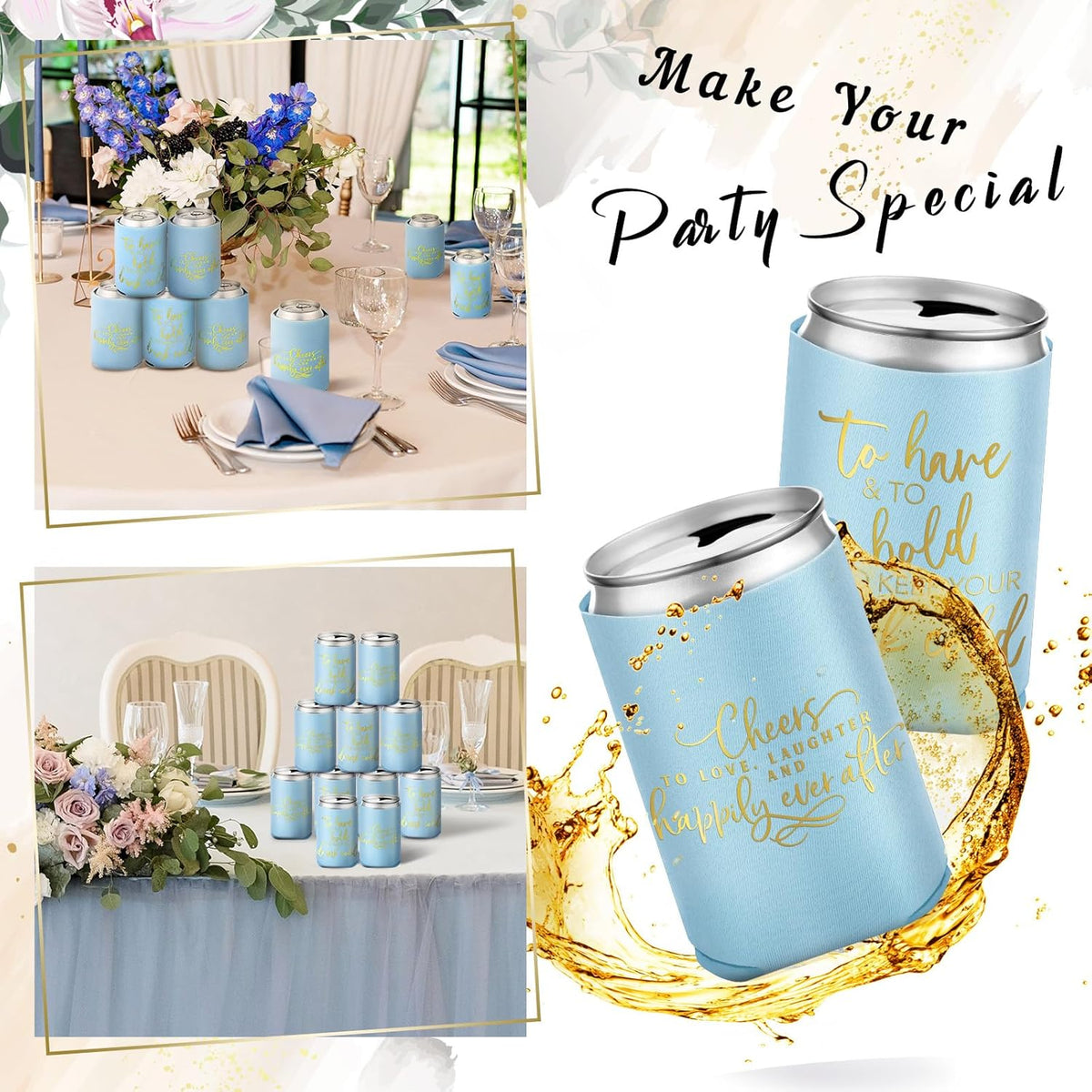 50 Pieces Light Blue Wedding Can Cooler Sleeves Bulk Engagement Party Favors for Guests Cheers to