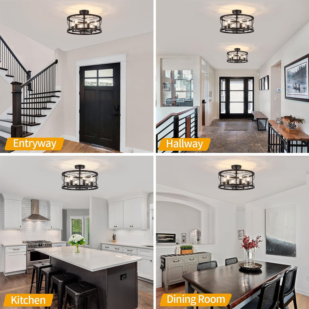6-Light Black Semi Flush Mount Ceiling Light, 16.54'' Modern Farmhouse Close to Ceiling Light