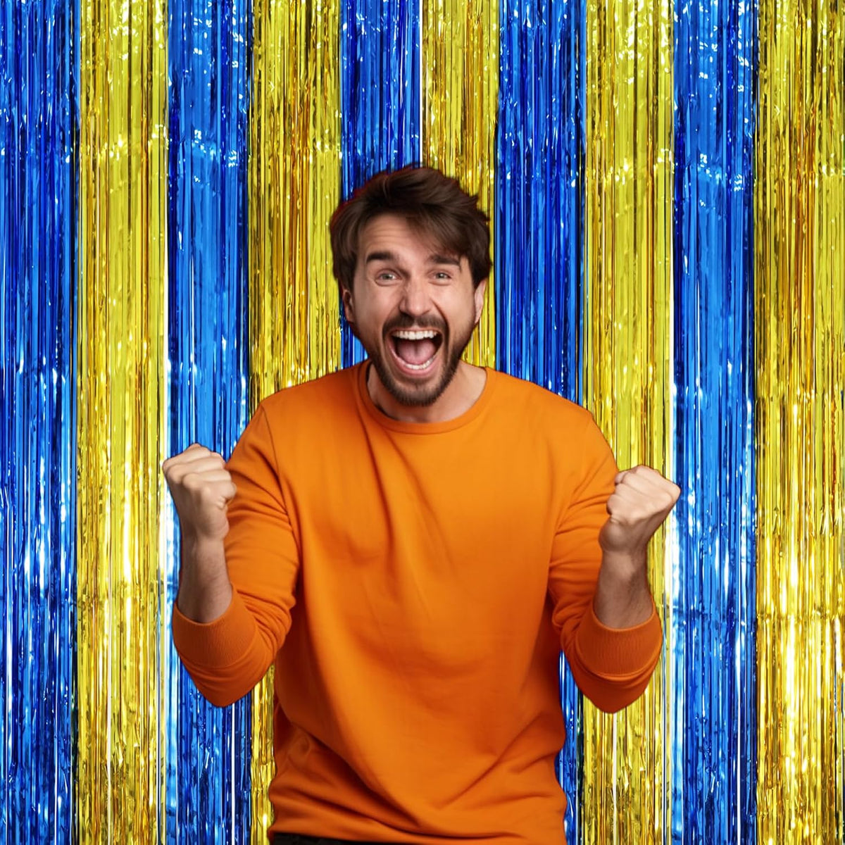 2 Pack Blue Gold Foil Fringe Backdrop Curtains, Graduation Tinsel Streamers Party Decorations