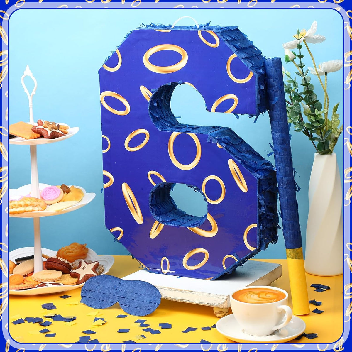 Number 6 Blue and Golden Rings Piñata for Kids Birthday Cartoon Theme Small Piñata with Blindfold
