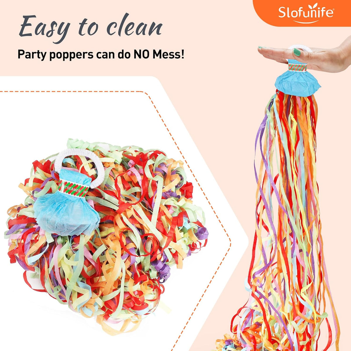 No Mess Streamers 100pack, Colorful Confetti Poppers,Hand Throw Party Poppers No Mess for Birthday