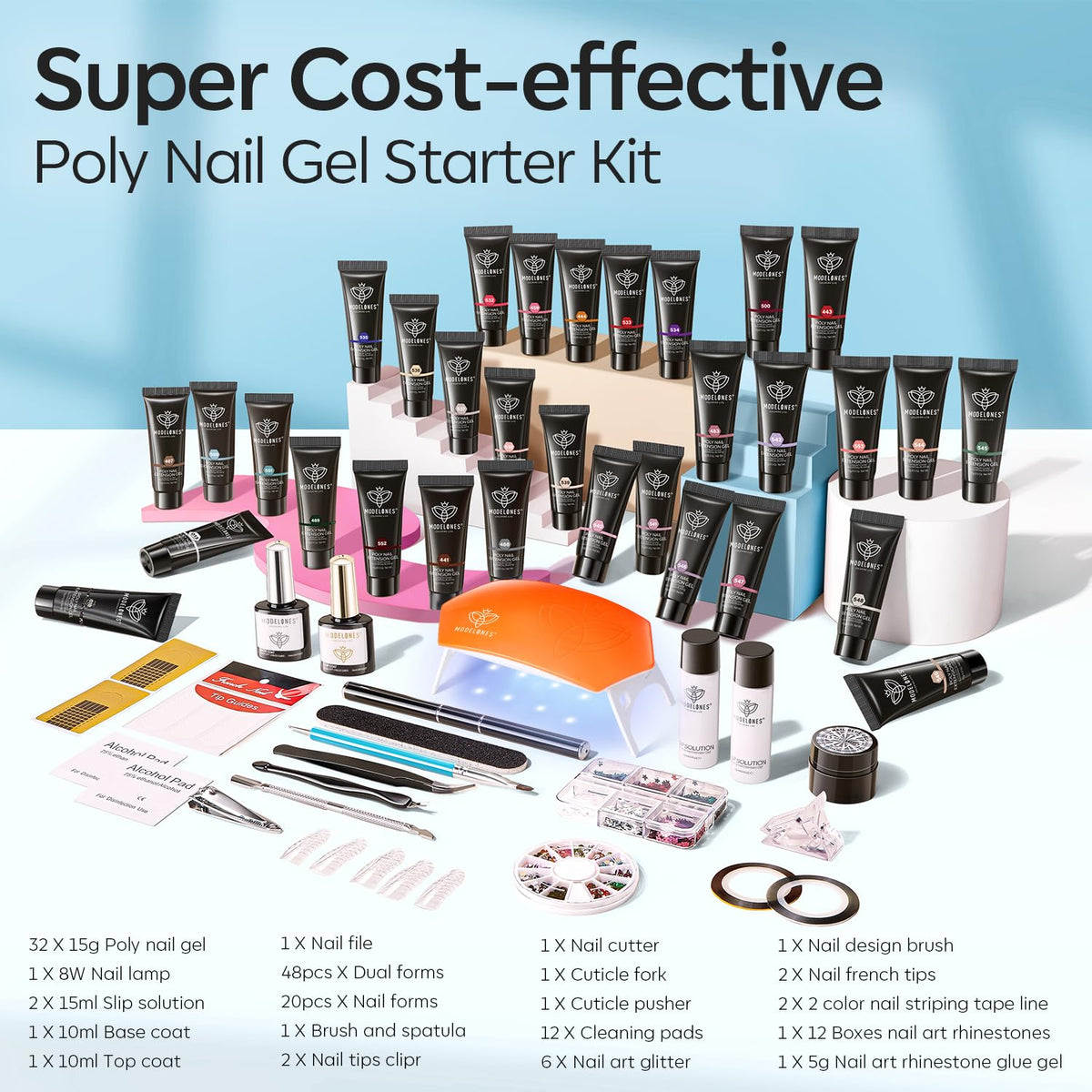 Modelones 133pcs Poly Nail Gel Kit, 32 Colors Spring Pink Pastel Poly Extension Gel kit with Nail