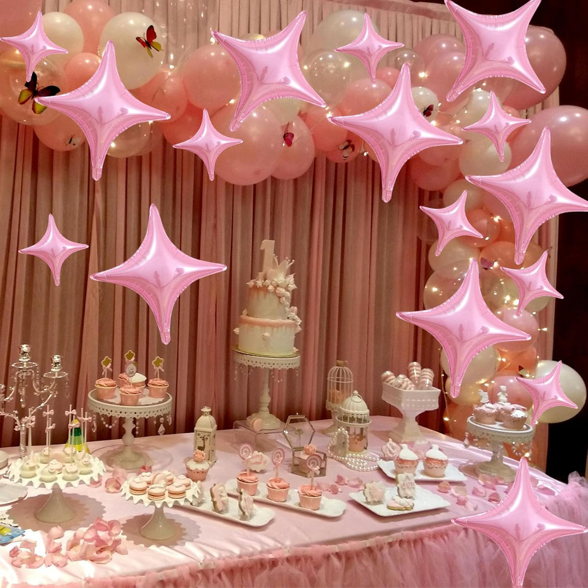 16 Pcs Pink Star Balloons 26 Inch and 10 Inch Four Angle Star Foil Balloons Set for Birthday Baby
