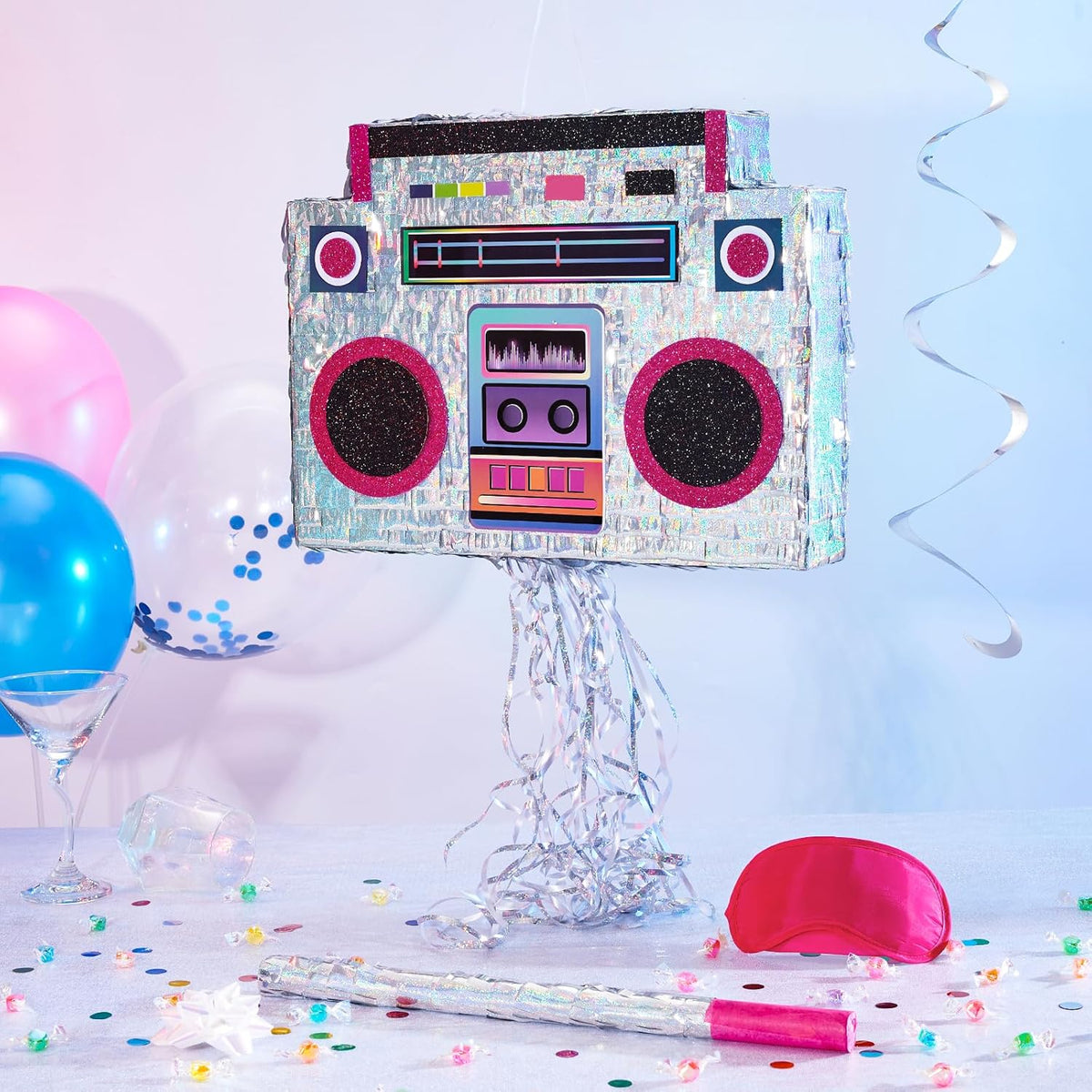WERNNSAI Music Player Piñata - 80s and 90s Theme Party Decorations Piñata Bundle with Blindfold and