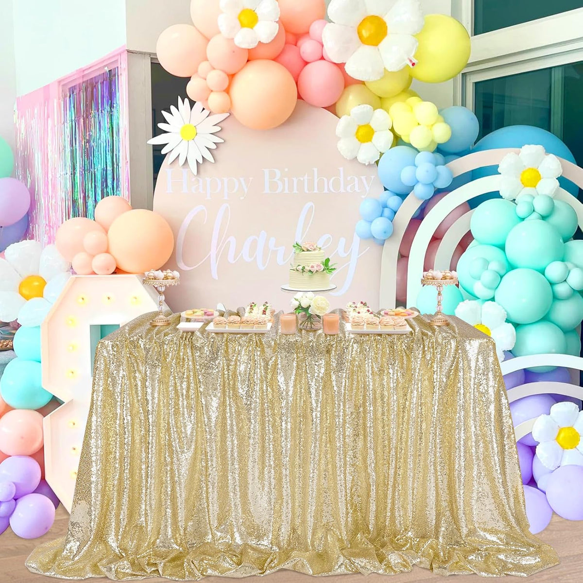 QueenDream Light Gold Sequin Decorative Party Tablecloth: Large Shimmer Dessert Table Overlay
