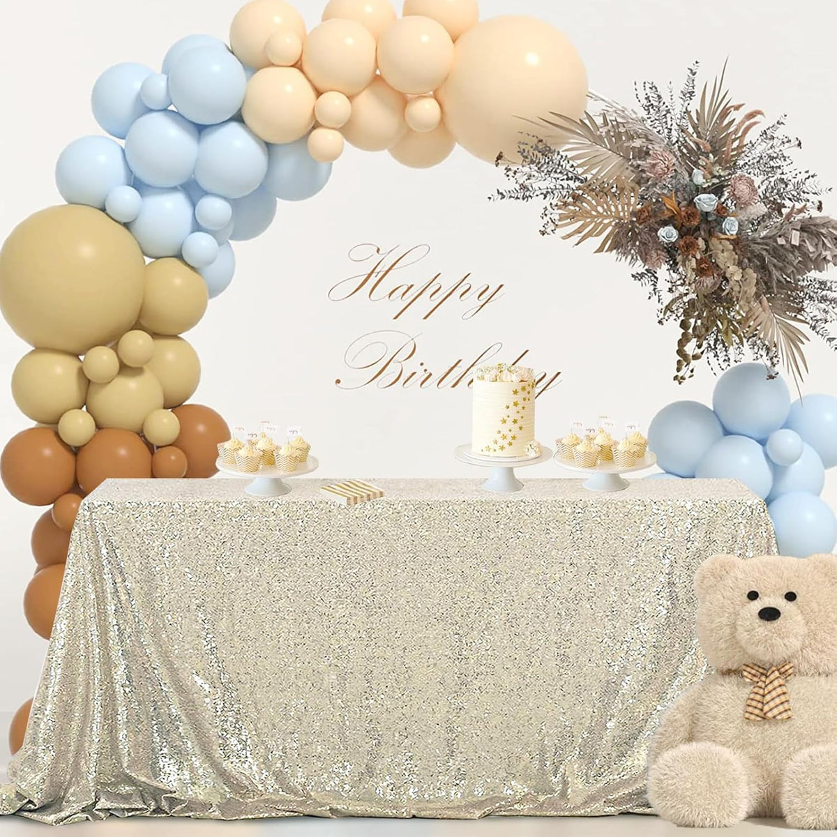 OQSQ Champagne Sequin Tablecloth 50x80 inch, Glitter Drape Table Cloth, Sparkle Sequence Table