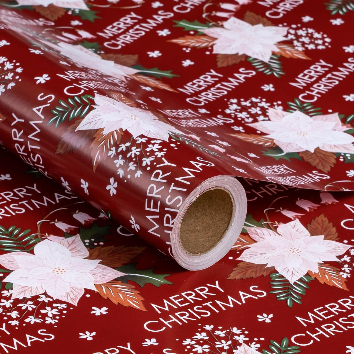 LeZakaa Christmas Wrapping Paper Roll - Red Flower & Merry Christmas Letter Pattern for Holiday
