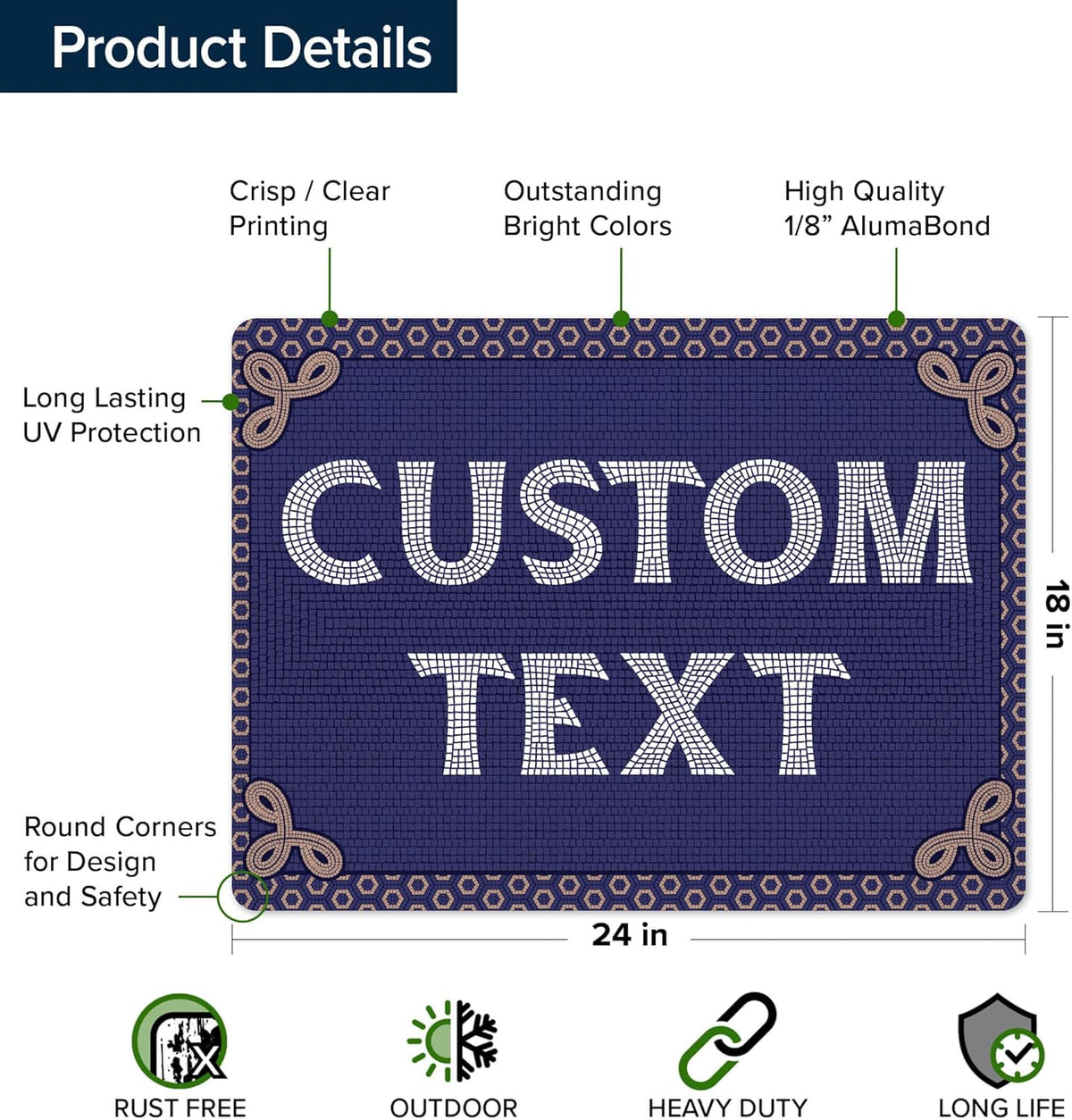 Custom Sign, Custom Street Sign, 11 Font Colors, 13 Font Styles, 4 Hole Options, 22 Sizes, 18x24