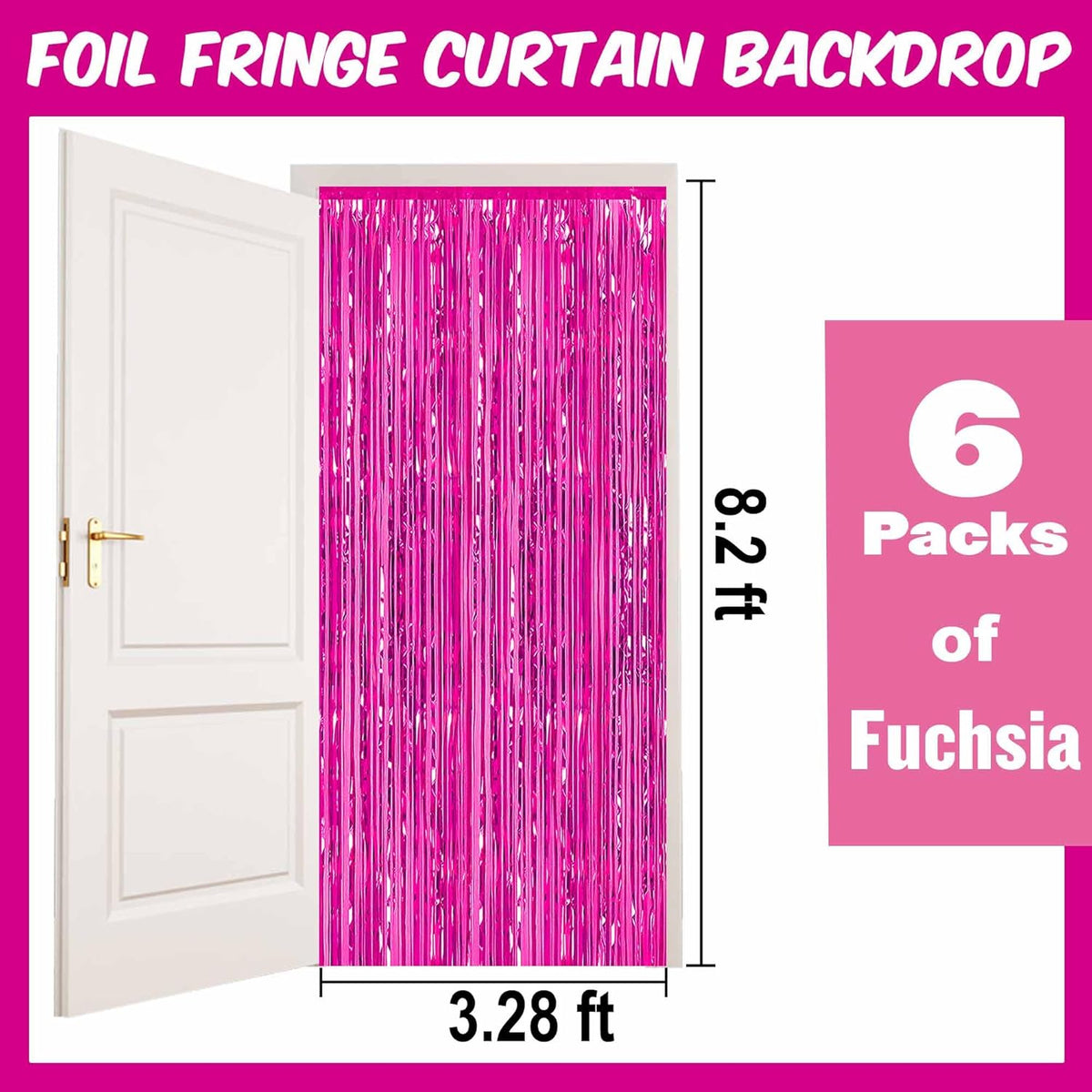 6 Pack Fuchsia Foil Fringe Curtains Backdrop, 3.28 x 8.2 Ft Metallic Streamers Tinsel Curtains