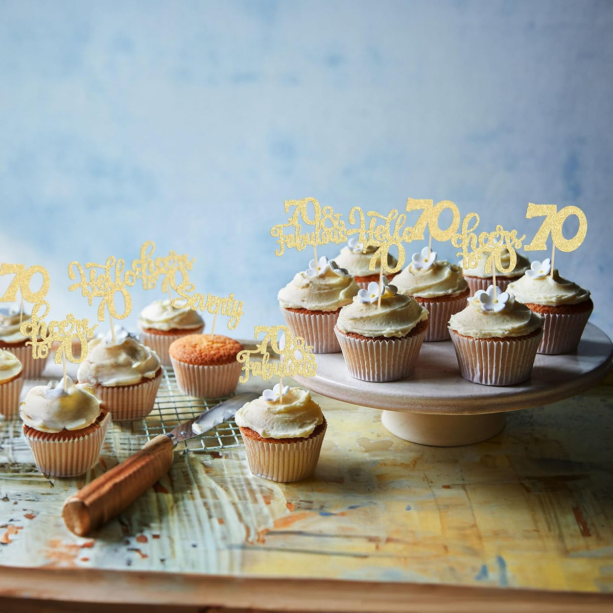 30Pcs Happy 70th Birthday Cupcake Toppers Seventy Cheers to 70 Years Old Birthday Cupcake Picks for