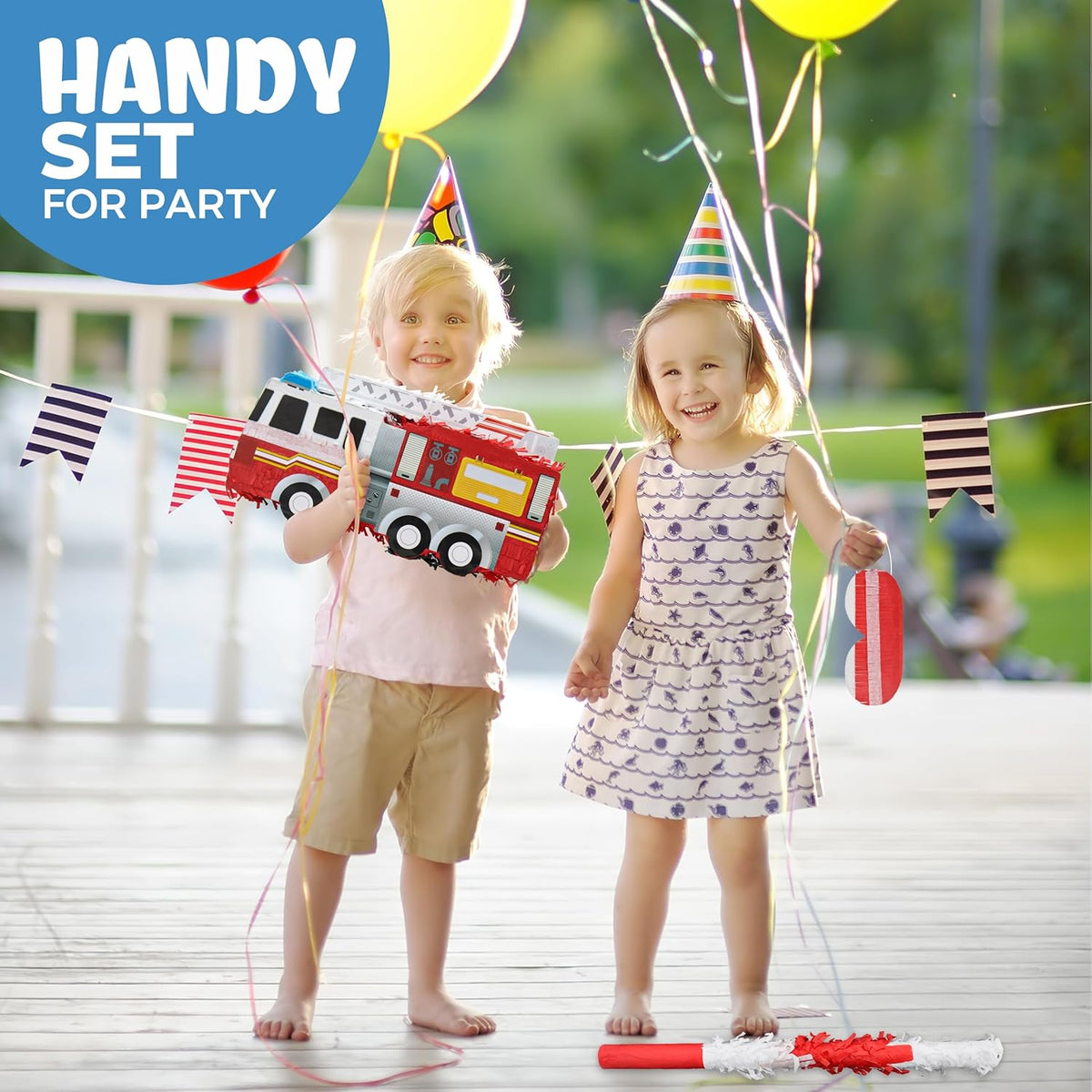Small Fire Truck Pinatas Bundle with a Blindfold and Bat(16.1x8x5.1 Inches), Perfect for Firetruck