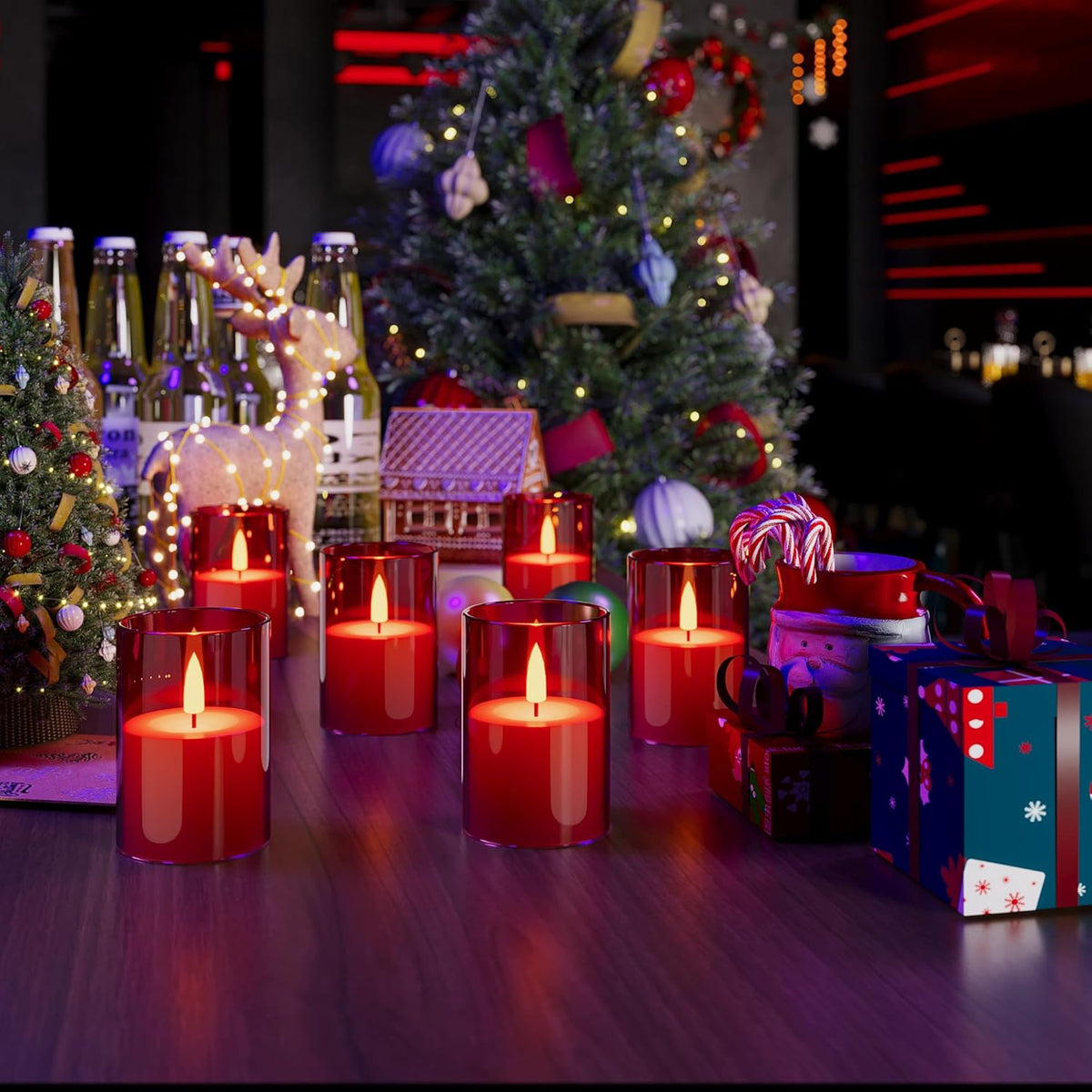 12Pack Flickering Flameless LED Candles with Timer, Battery Powered - Small Pillar & Votive, Red