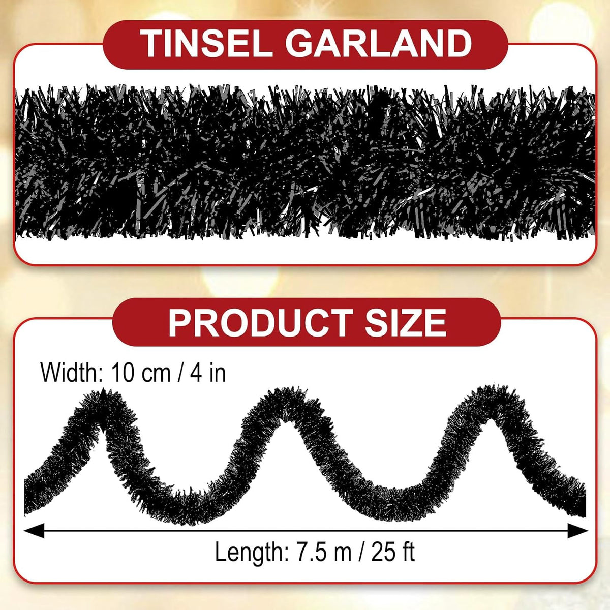 25 Feet Black Christmas Tinsel Garland, Metallic Foil Twist Garland Wall Hanging Tinsel Banner