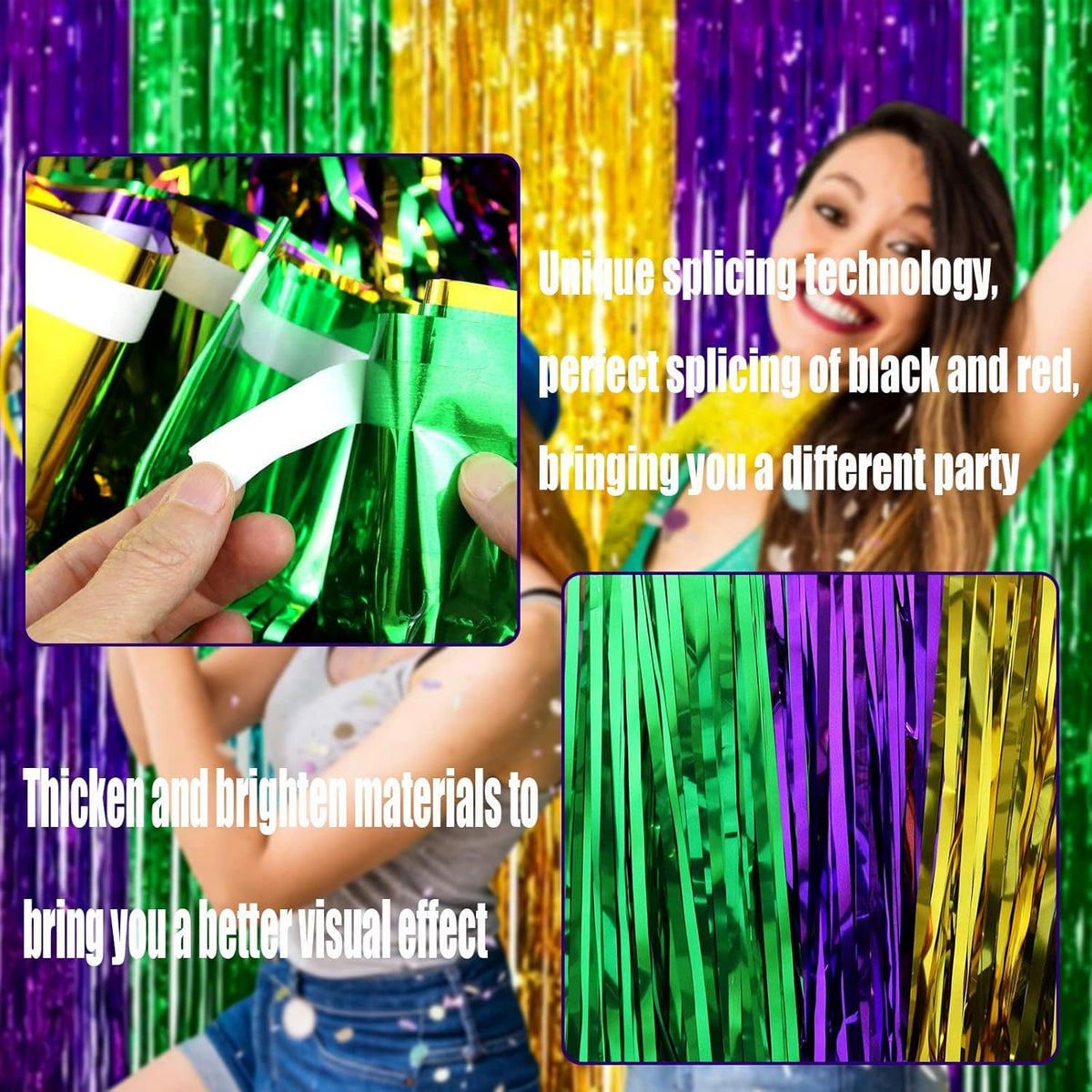 4 Pack Mardi Gras Foil Fringe Curtain Backdrop, 3.28Ft x 8.2Ft Gold Green Purple Metallic Tinsel