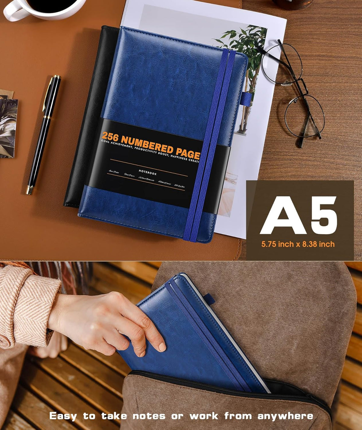 Lined Journal Notebook for Women Men, 256 Numbered Pages Hardcover Leather Journals for Writing, A5