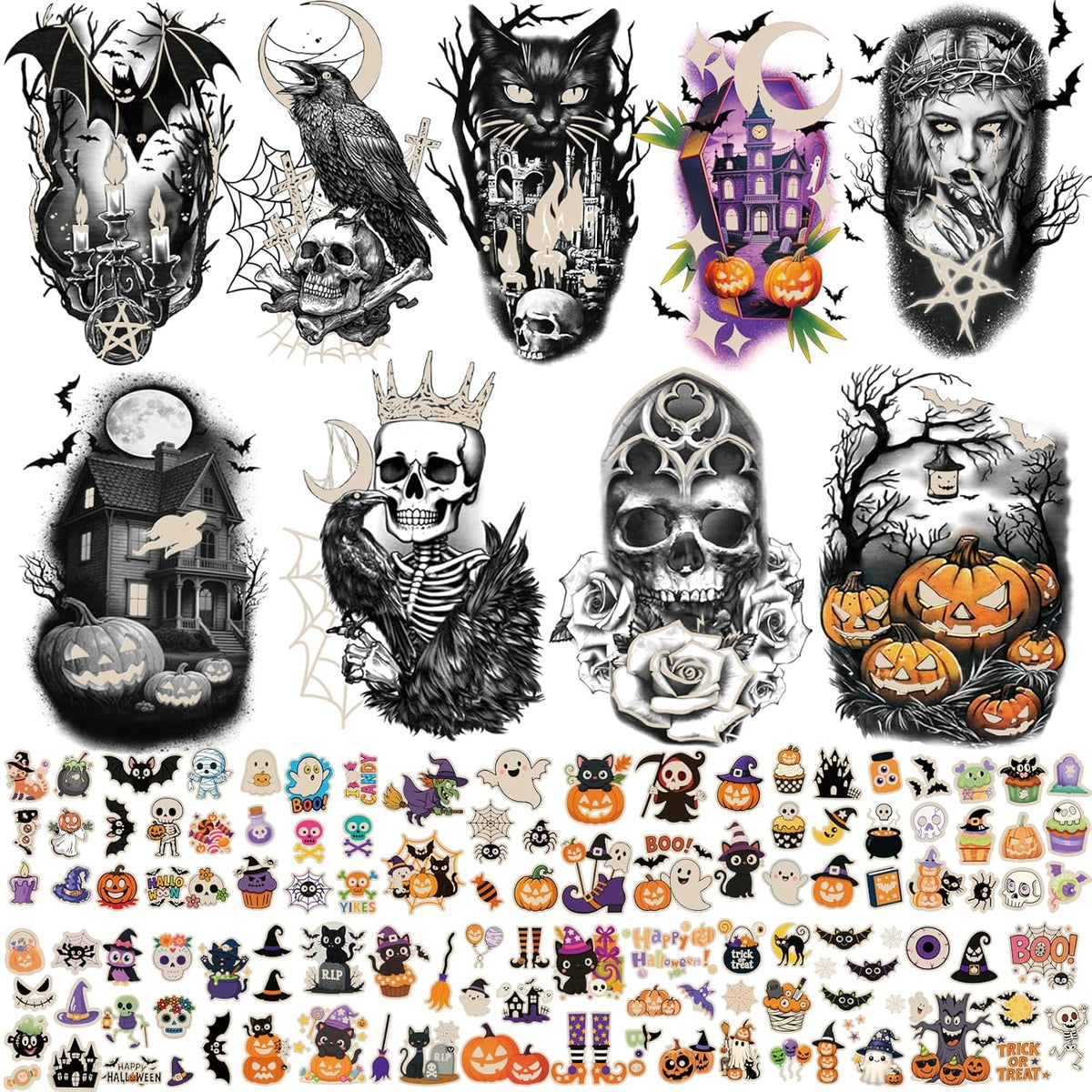 39 Sheets Halloween Glow Up Temporary Tattoos Women Men Adults, Skeleton Death Skull Pointed Black