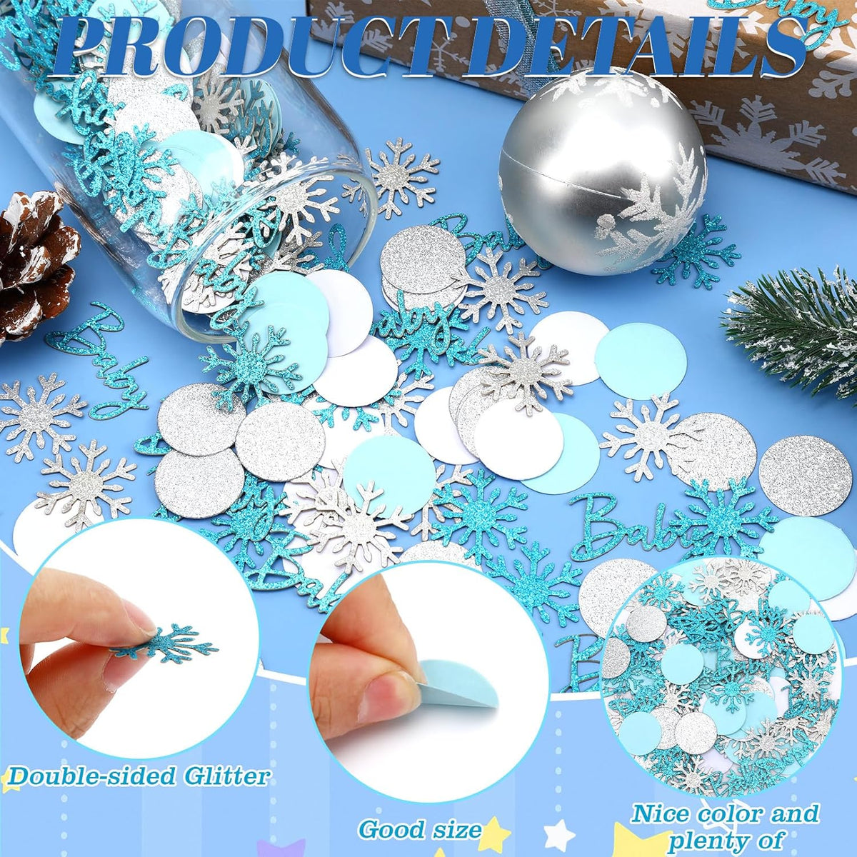 MARFOREVER Winter Shower Table Confetti, 200 Pcs Glitter Blue Silver Snowflake Table Decorations