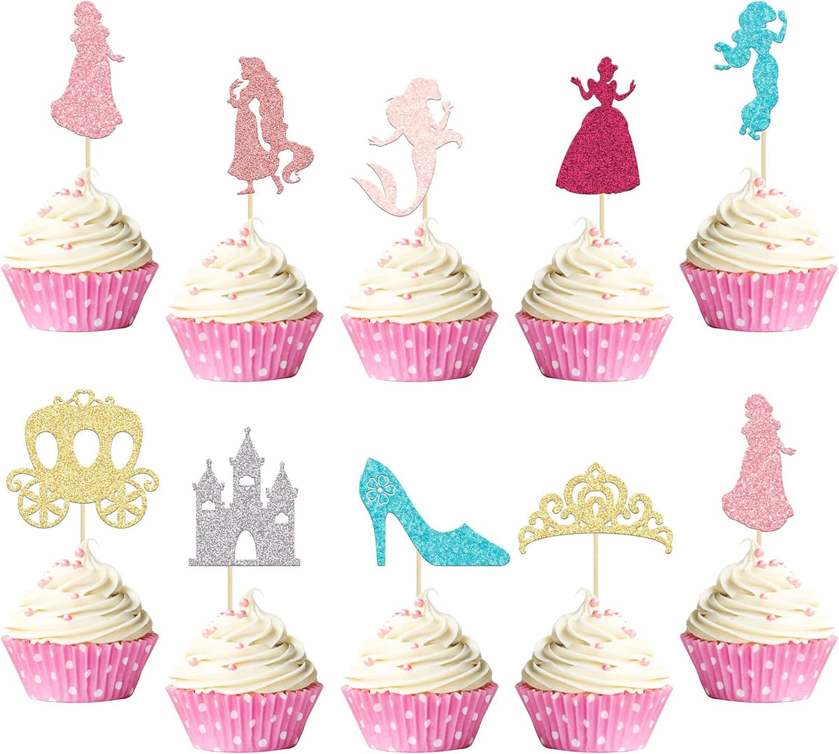 Gyufise 36Pcs Princess Cupcake Toppers Colorful Glitter Mermaid Girl Castle Carriage High Heel