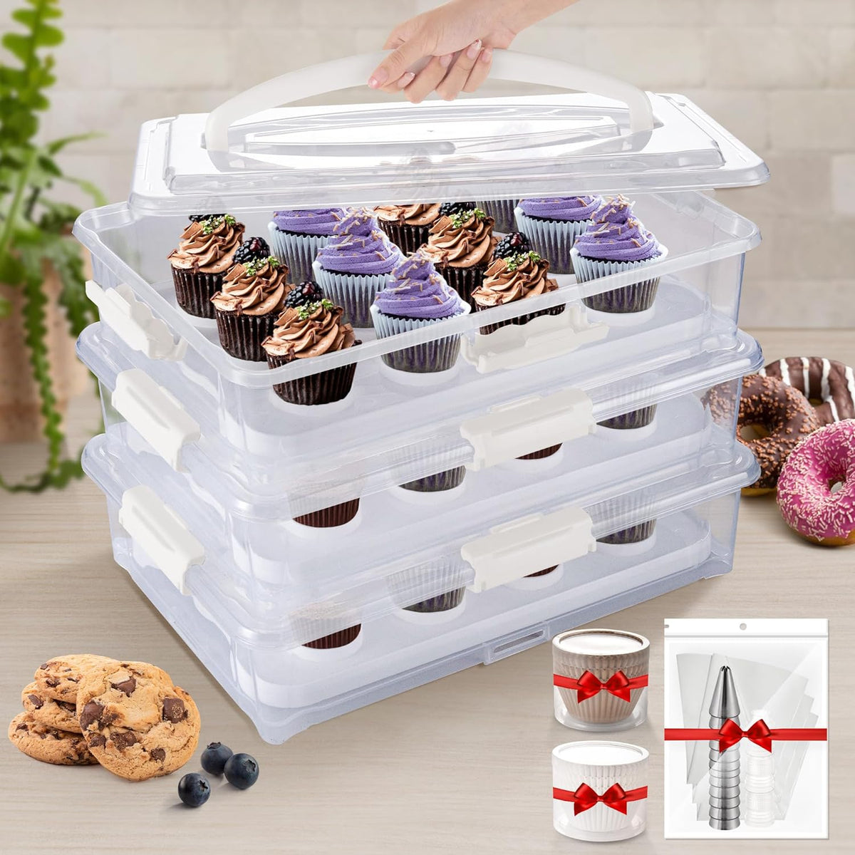 ARC 3-Tiers Cupcake Carrier (White) - Cupcake Holder and Cake Transport Container that Holds up to