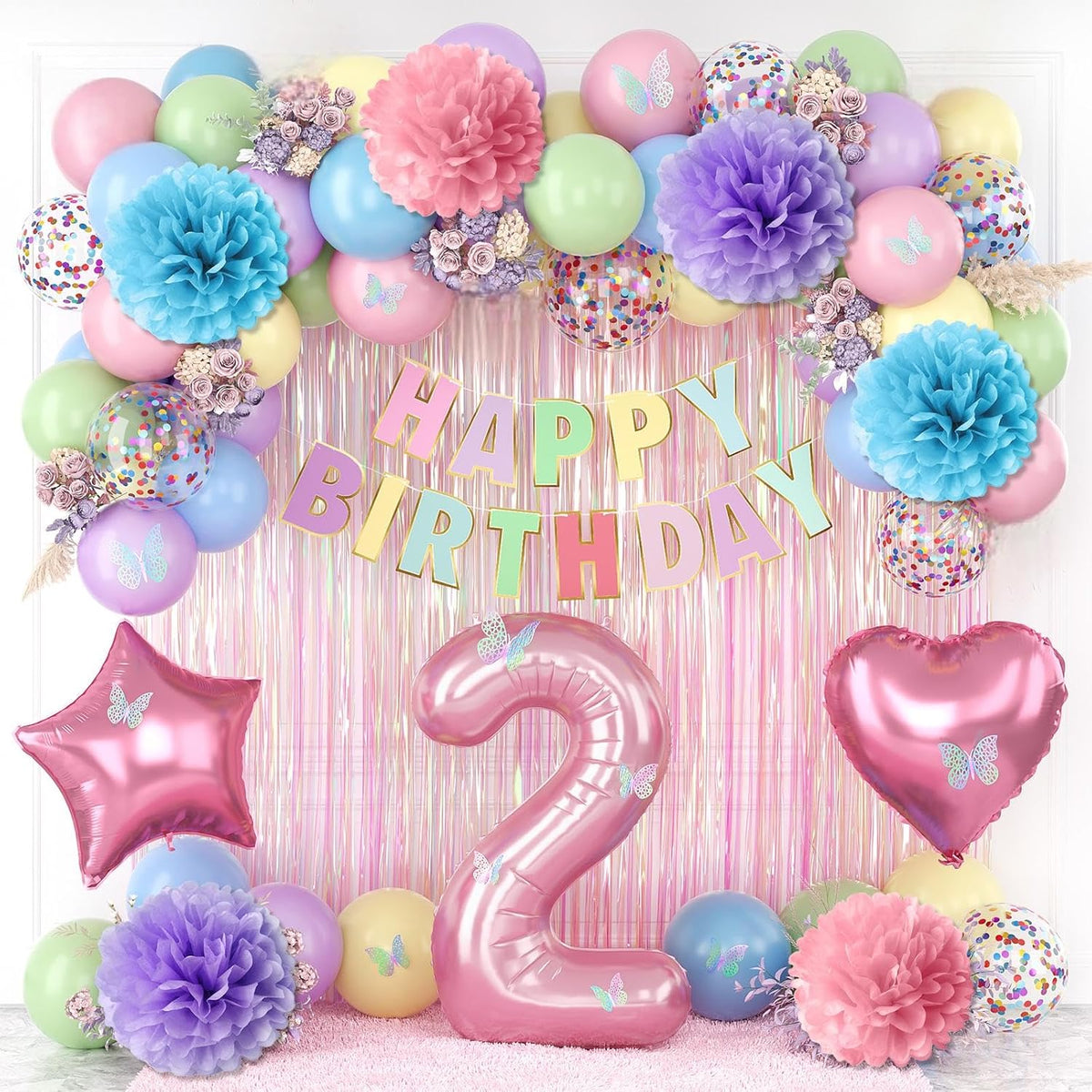 Pastel 2nd Birthday Party Decorations for Girls Number 2 Balloon Happy Birthday Banner Butterfly