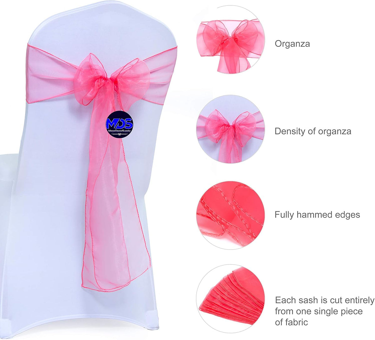 MDS Pack of 300 PCS Organza Chair Sashes Wider Dining Chair Bows Ribbon Tie Back for Wedding Party
