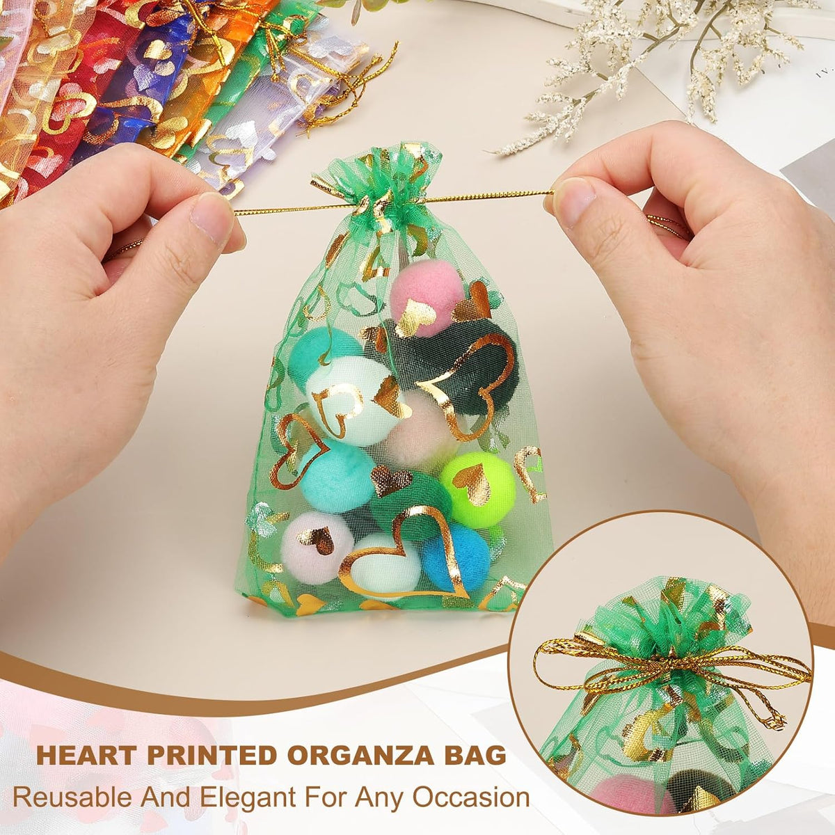 PATIKIL 50 Pcs 4x6 Inch Heart Printed Organza Bags, Silver Sheer Heart Organza Bags with Drawstring