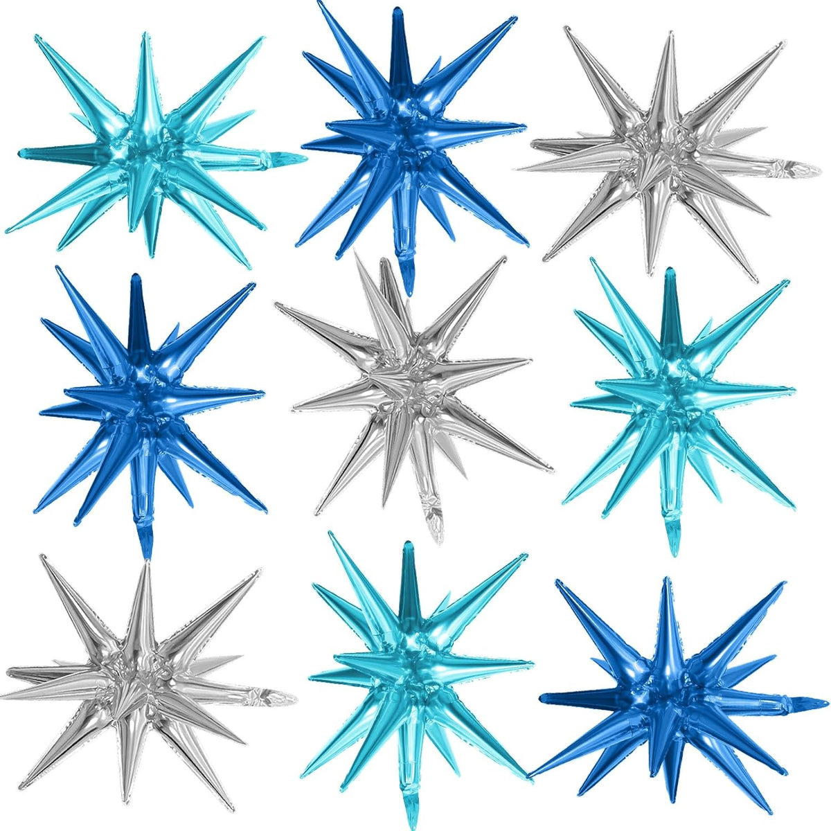 Blue Silver Star Balloons,9Pcs 22Inch Blue Silver Explosion Spike Cone Helium Polyester Film Star