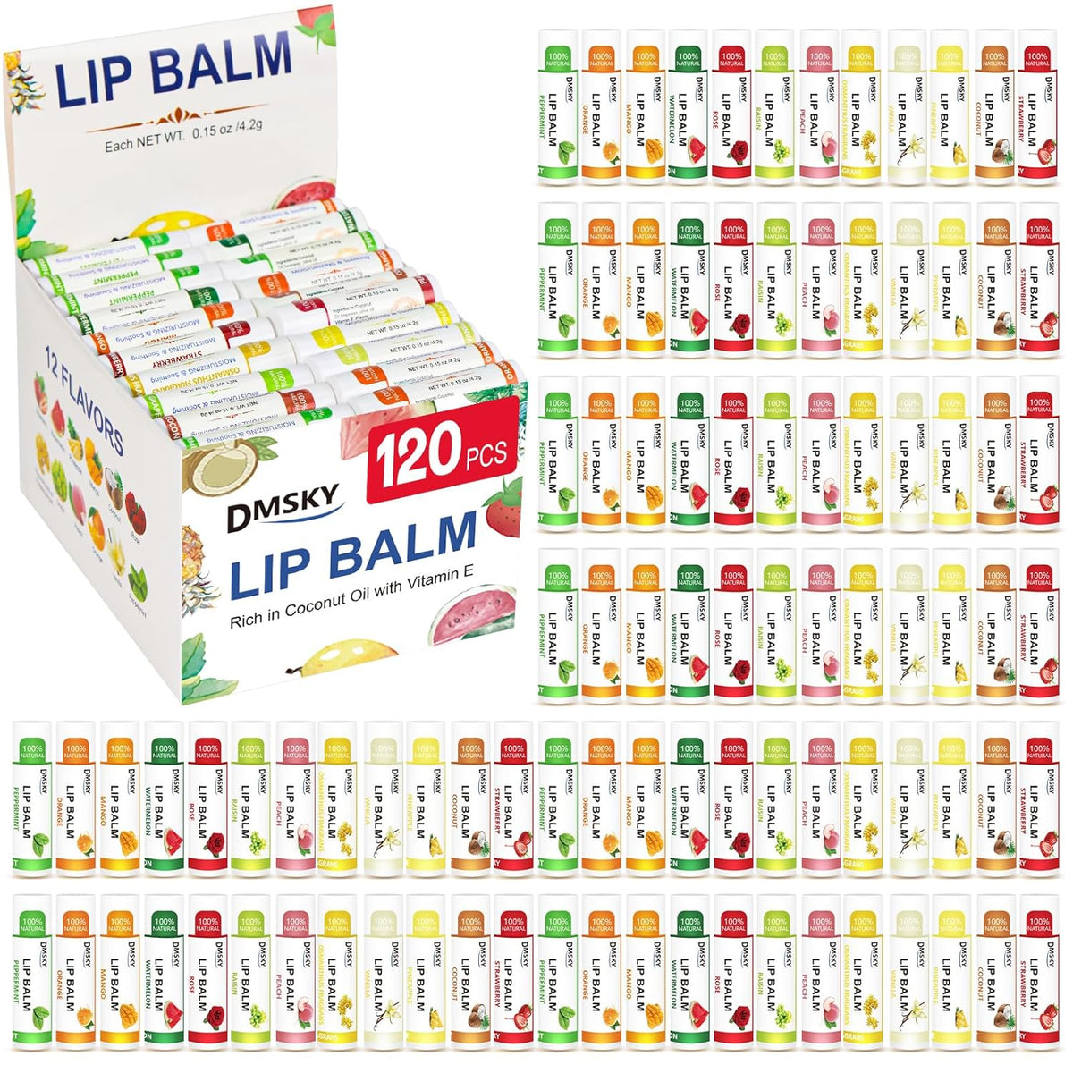 DMSKY 120 Pack Lip Balm, Natural Lip Balm Bulk with Vitamin E and Coconut Oil, Moisturizing Lip