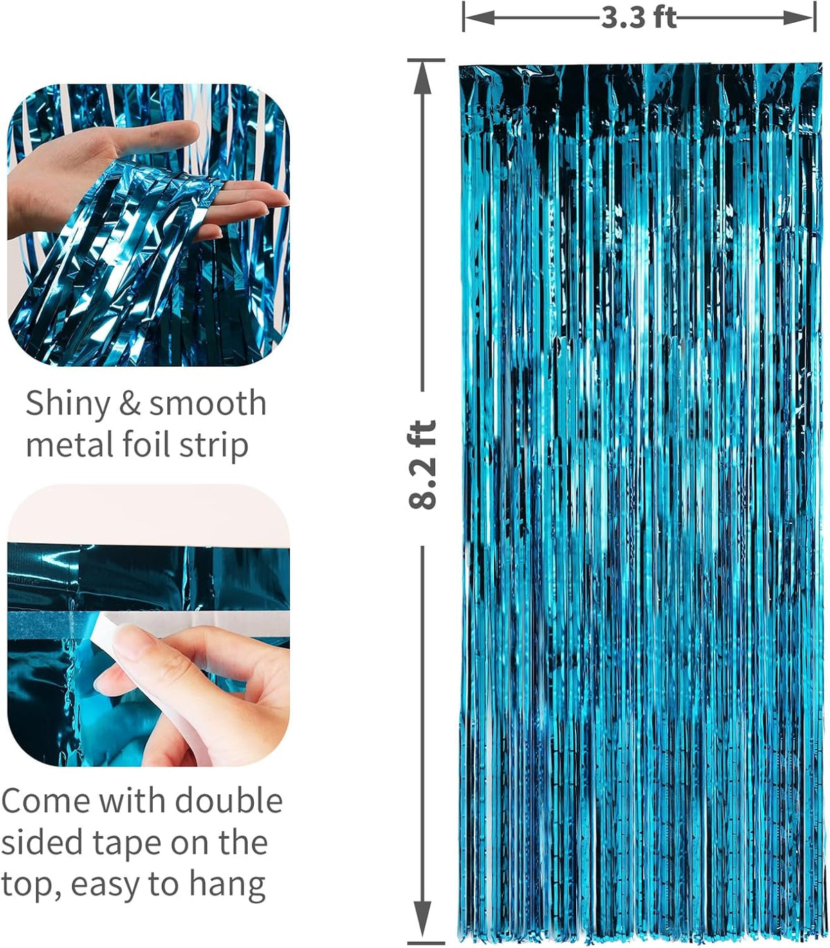 2 Pack Baby Blue Foil Fringe Curtains Door Streamers Party Decorations 3.3 x 8.2 ft, Tinsel Curtain