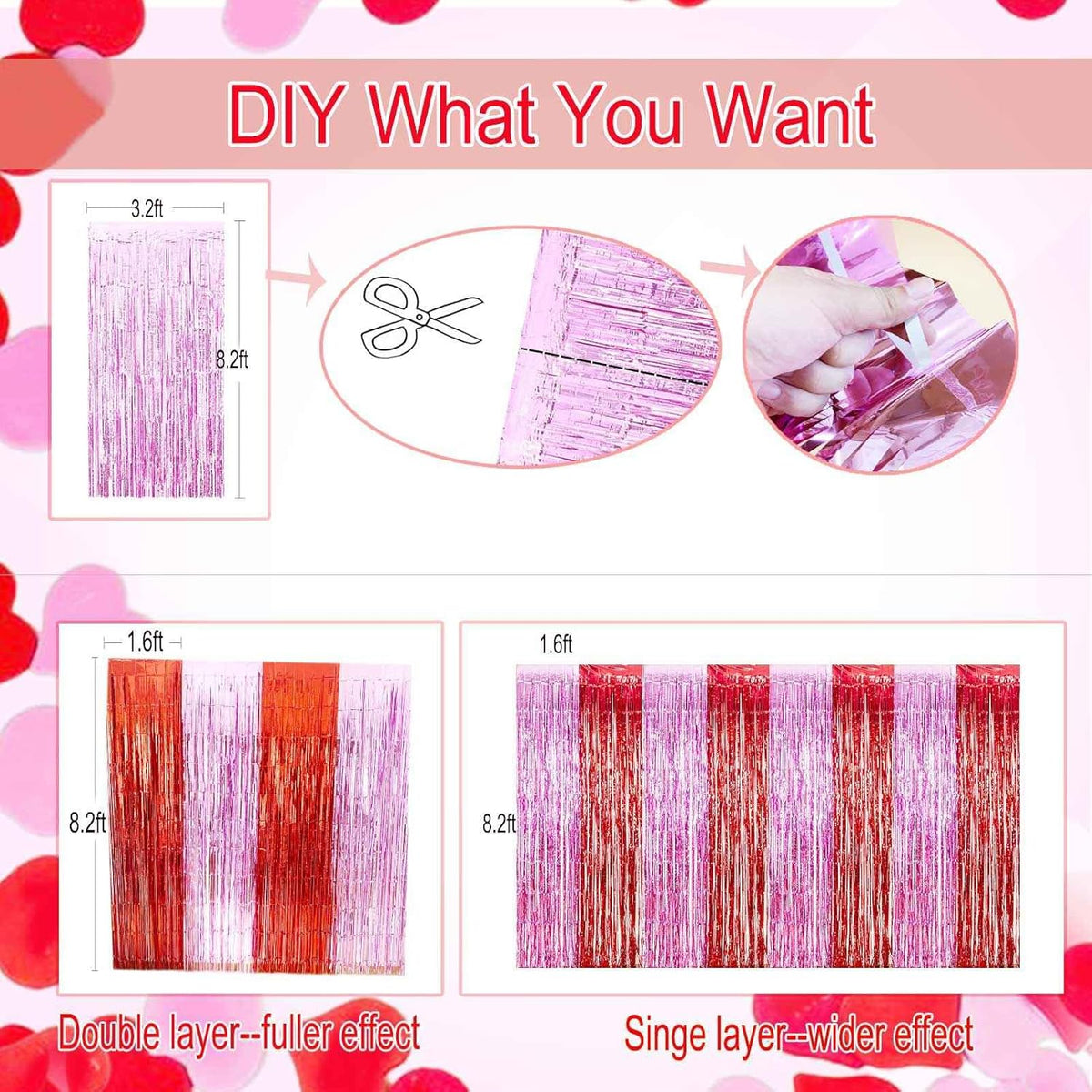 Valentines Backdrop Decorations - 4 Pack of 3.2x8.2ft Red Pink Foil Fringe Curtains Streamers