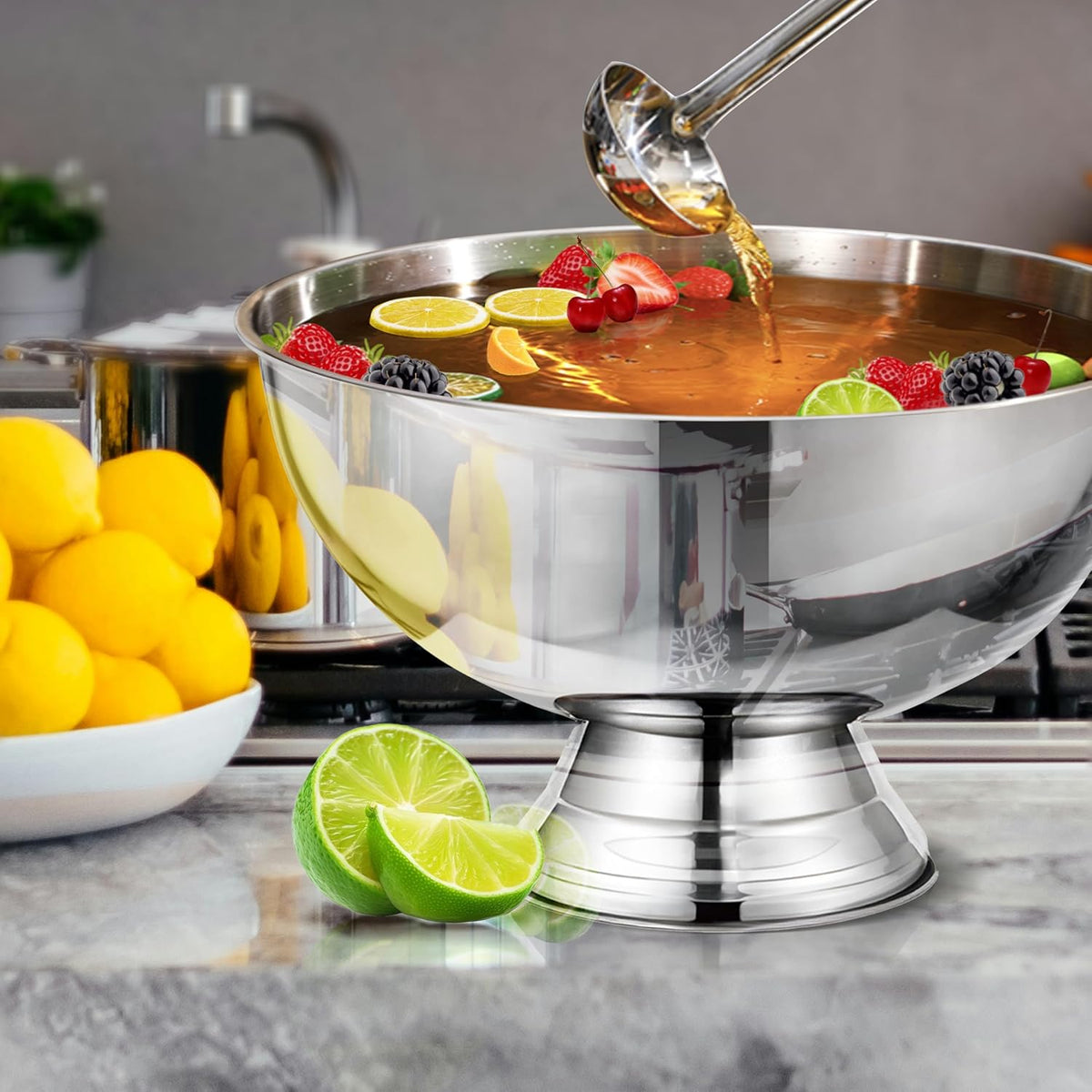 12L Silver Large Ice Bucket for Parties - 16"x16"x10" Huge Punch Bowl with Ladle - Stainless Steel