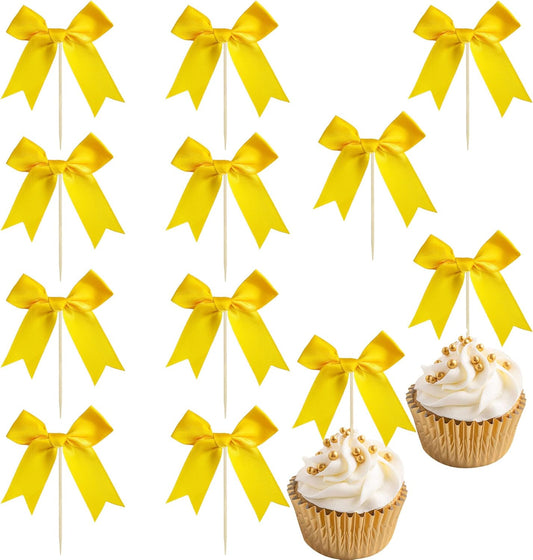 Ephlyn 24Pcs Yellow Bow Cupcake Toppers Bow Cake Topper Birthday Decorations Mini Bowknot Cupcake