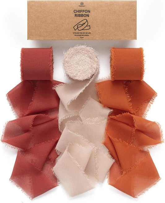 Vitalizart Fall Handmade Chiffon Silk Ribbon Fringe 1.5" x 21 Yd Terracotta Frayed Edges Ribbons