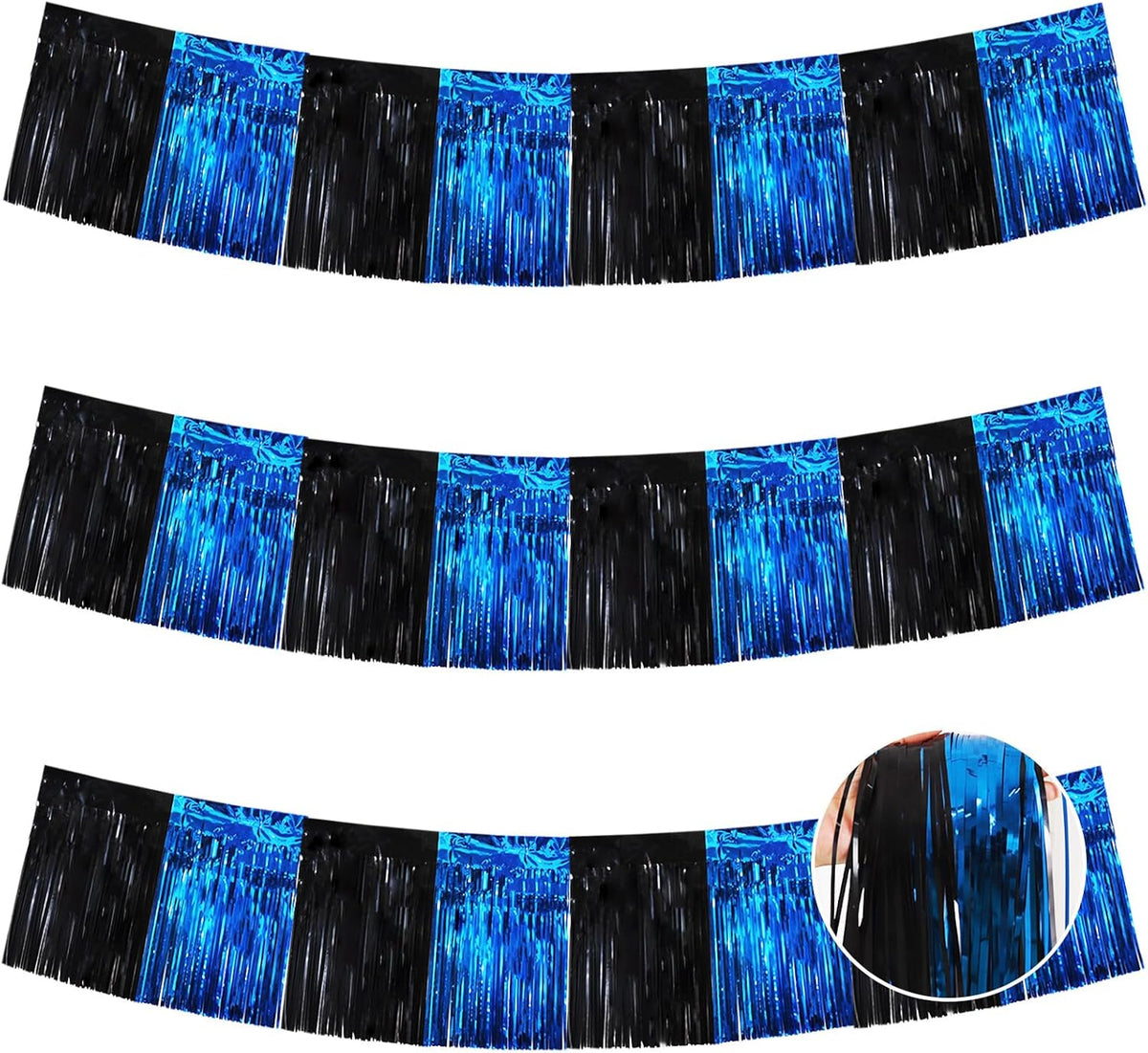 BEISHIDA 3 Packs Metallic Foil Fringe Garland Black Blue Wall Hanging Tinsel Fringe Banners for Car