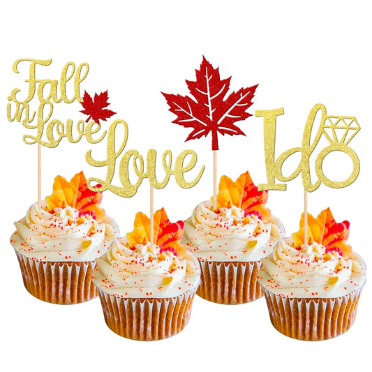 24 PCS Fall in Love Cupcake Toppers Glitter Maple Leaves Love I Do Cupcake Picks Fall Theme Wedding