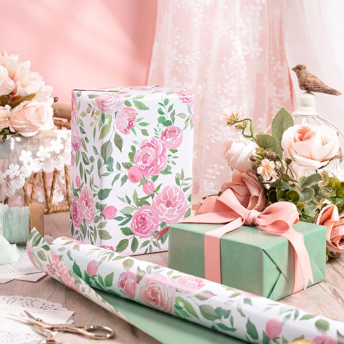 RUSPEPA Reversible Floral Wrapping Paper Roll for Girls Women, Mini Roll, Pink Rose Design and