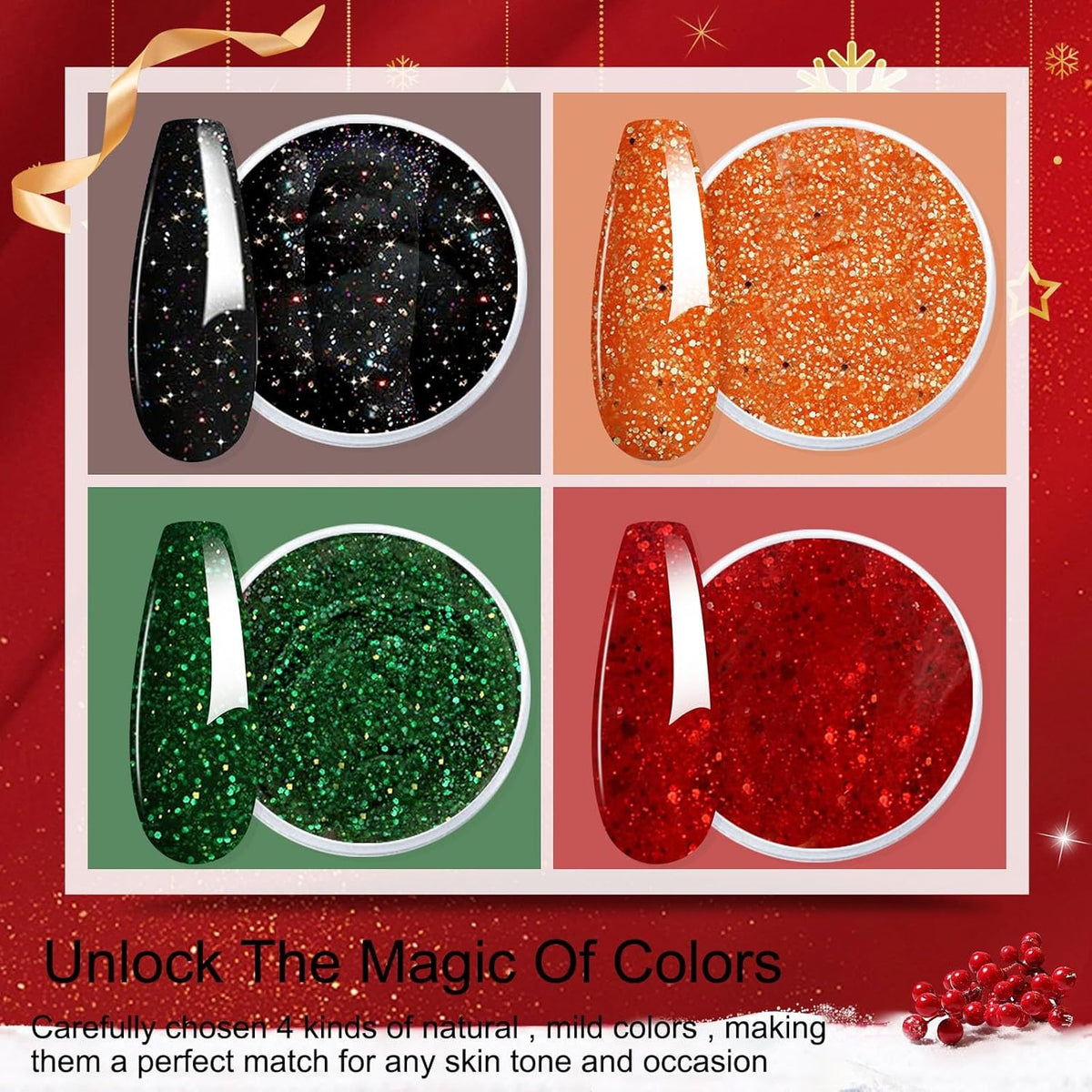 Honey Joy Dip Powder Nail Kit Starter, 4 Colors Halloween Christmas Green Red Black Orange Glitter