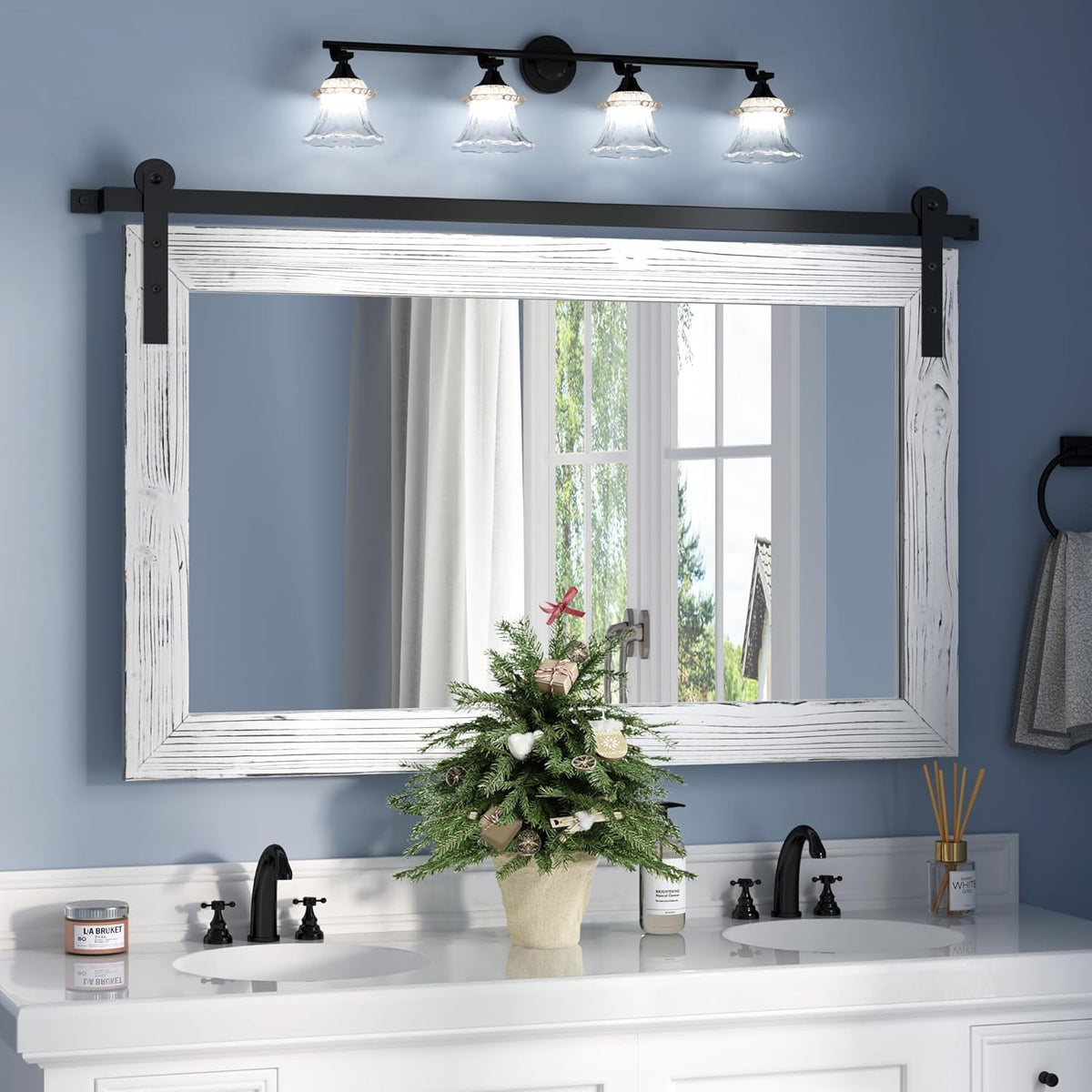 COGOOD Farmhouse Barn Door Mirror - 41" x 26" Rustic Wood Framed Wall Mirror for Bathroom, Living