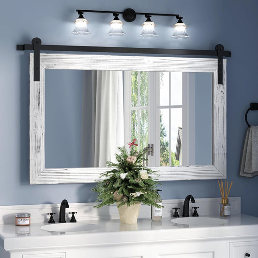 COGOOD Farmhouse Barn Door Mirror - 41" x 26" Rustic Wood Framed Wall Mirror for Bathroom, Living
