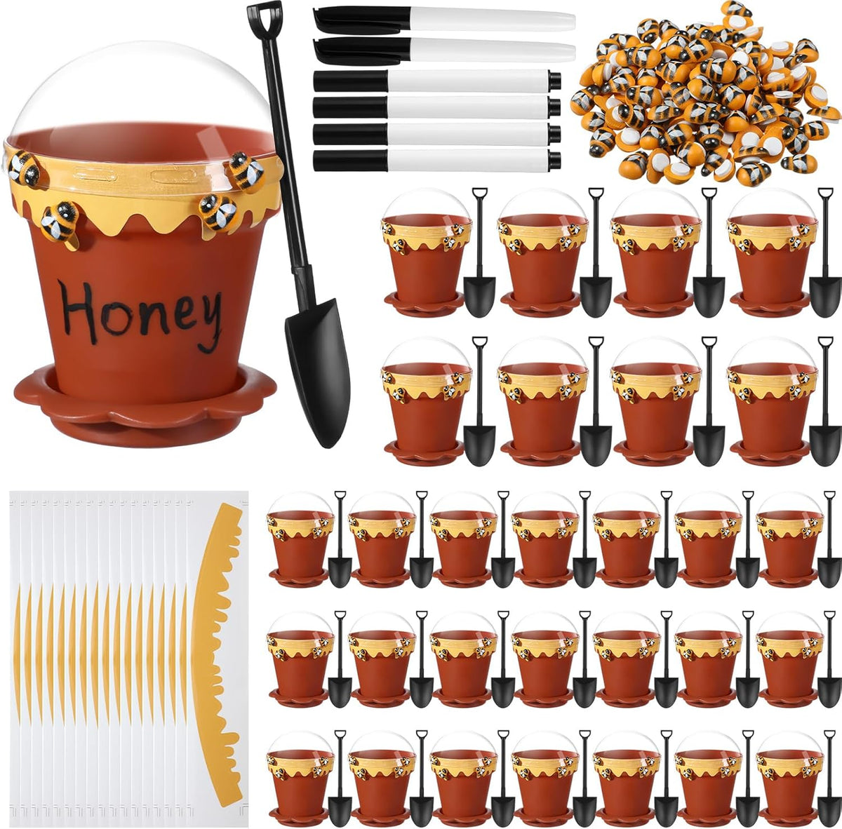 30 Sets Mini Honey Bee Pots with Lids, Spoon, Saucers and Bee Charms, 6.76 OZ Plastic Honey Jars
