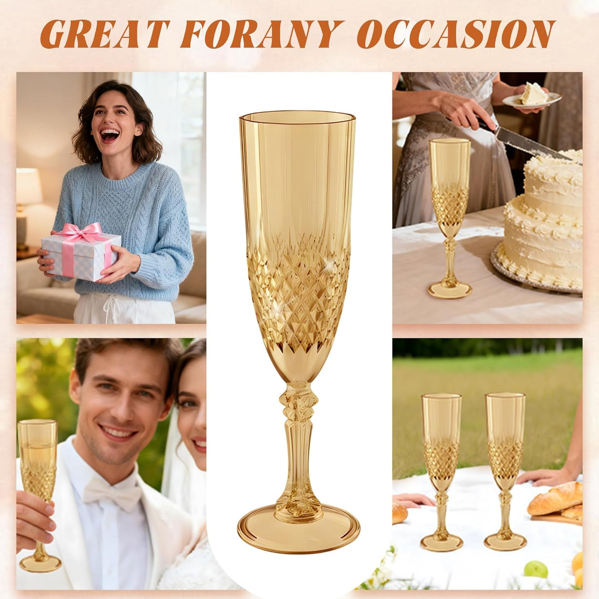 Plastic Champagne Flutes, 12PCS Gold Wine Glasses Goblets Cups Reusable Flute, for Weddings