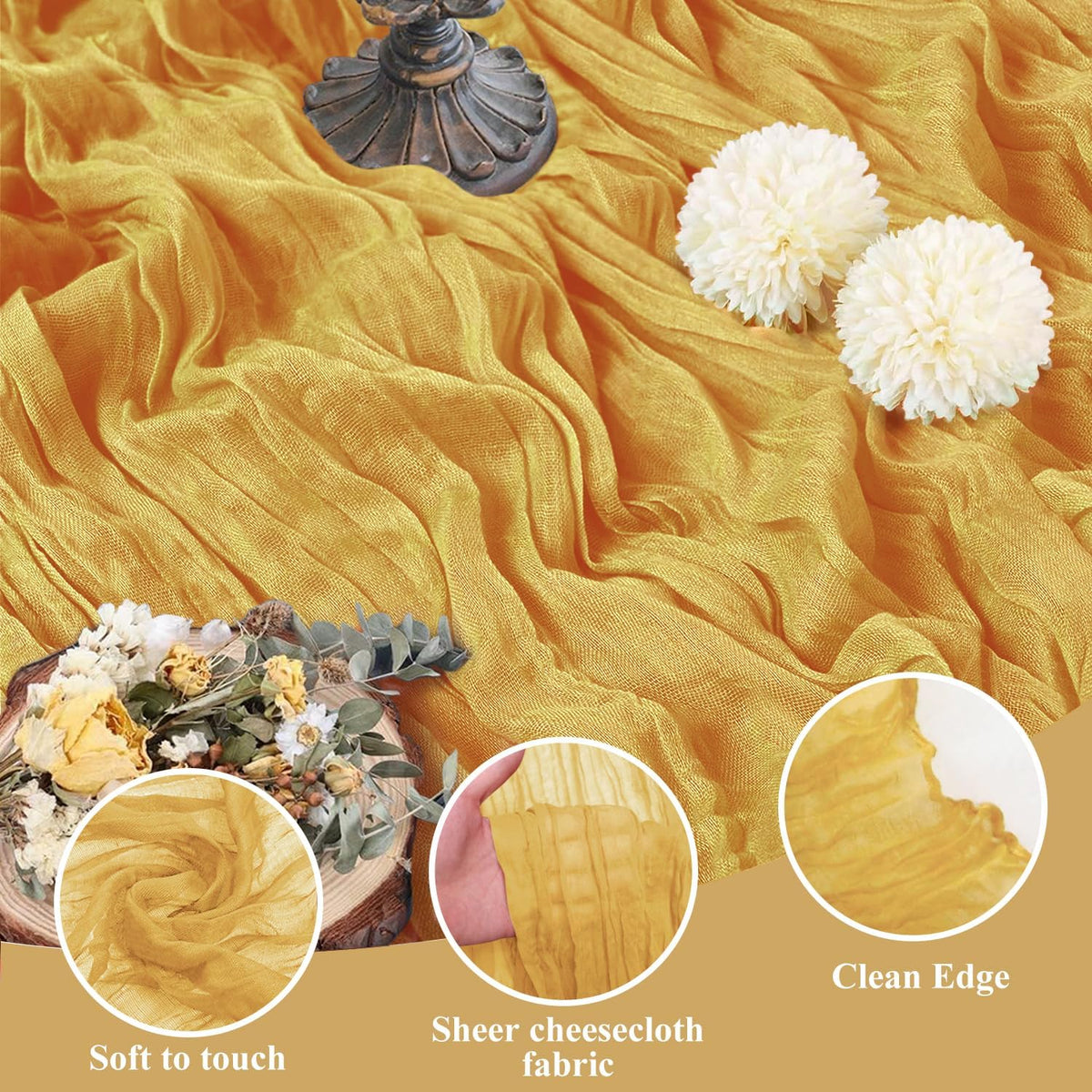 Asee'm 2pcs Cheesecloth Table Runner 120 Inches Long Gold Boho Gauze Cheese Cloth Runner 10FT