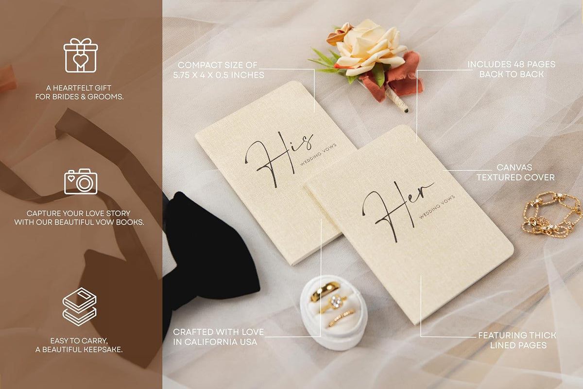 Slim Vow Books (Set of 2 - Design 4) - Soft Cream Canvas Linen Textured Cover Wedding Vow Booklets