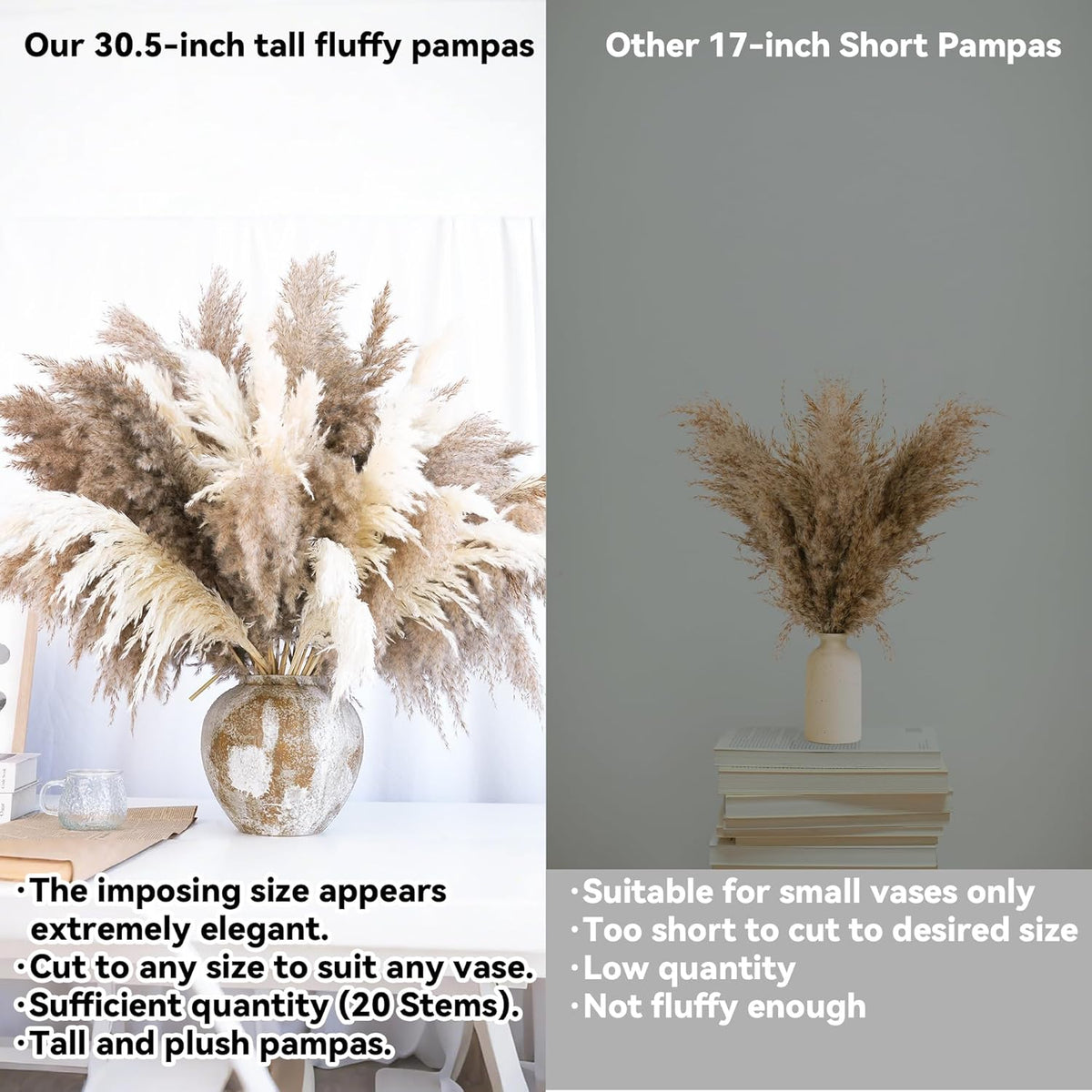 20 PCS Dried Flower, 30-inch Tall Nature Pampas Grass Bouquet Decor - Boho Flowers and Feathers for